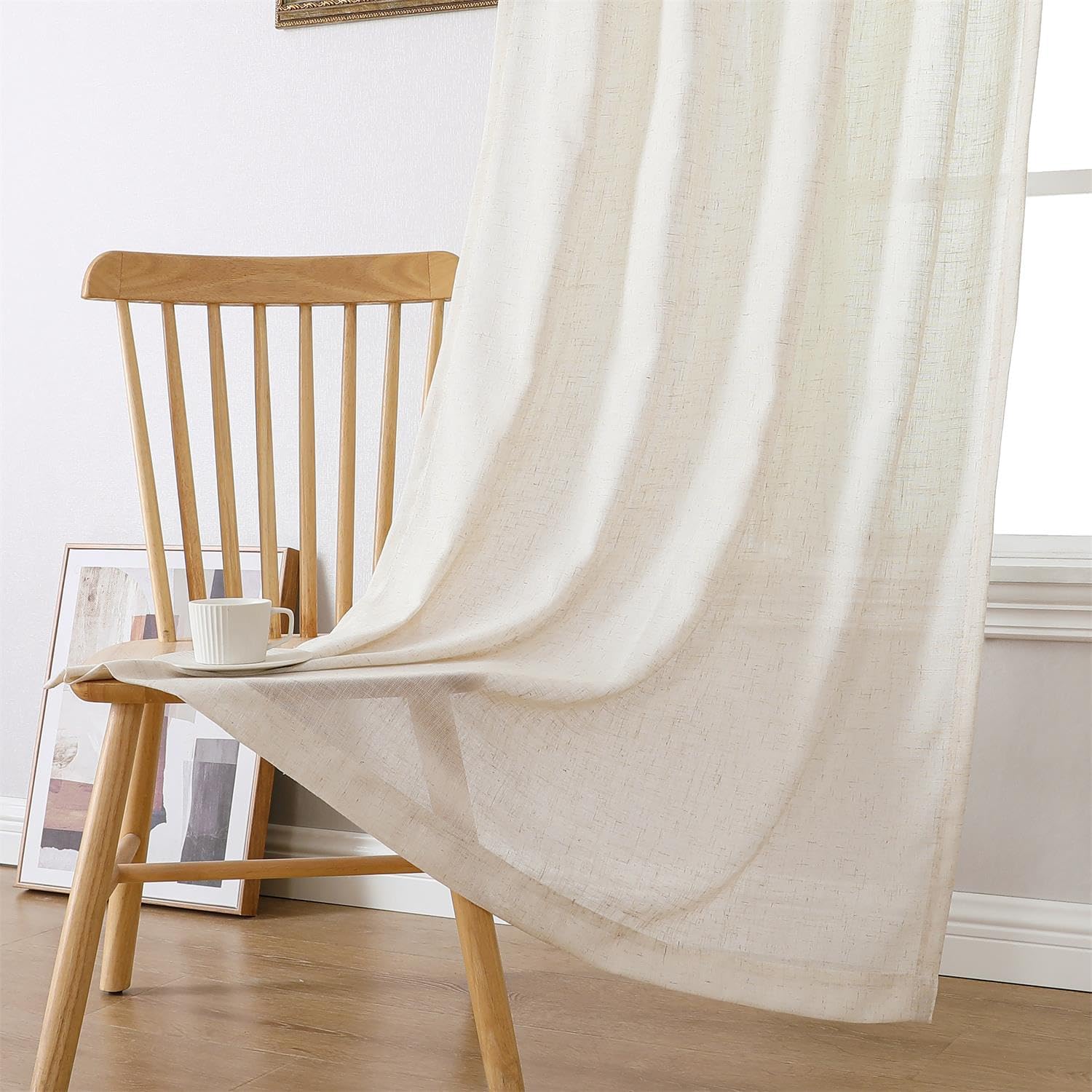 MIUCO Linen Curtains, 95 Inches Long for Bedroom & Living Room, Light Filtering, Modern Neutral Decor, Farmhouse Drapes, Rod Pocket & Back Tab, 2 Panels 2 Tiebacks, 36 Inches Wide Natural