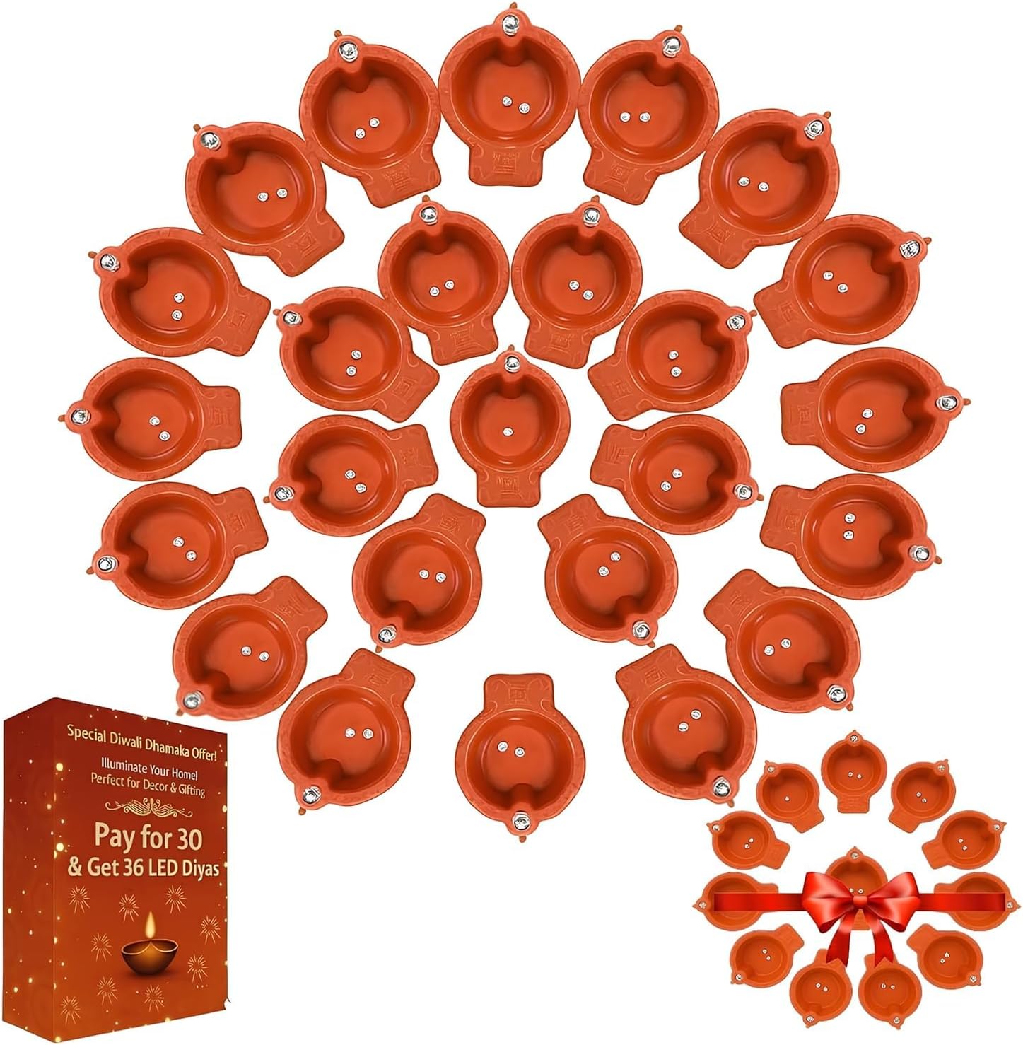 Glow Collection Water Sensor Eco-Friendly Led Diyas Candle E-Diya, Warm Orange Ambient Lights, Battery Operated Led Candles for Home Decor, Festivals Decoration Diwali Lights (Brown, Pack of 36)