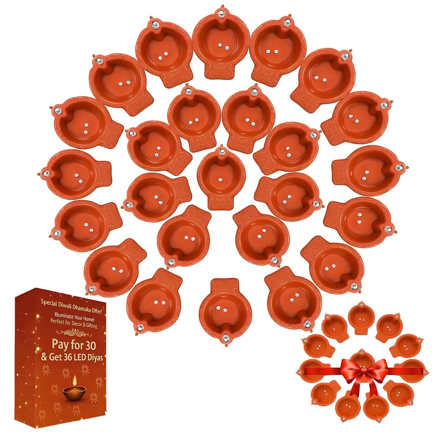 Glow Collection Water Sensor Eco-Friendly Led Diyas Candle E-Diya, Warm Orange Ambient Lights, Battery Operated Led Candles for Home Decor, Festivals Decoration Diwali Lights (Brown, Pack of 36)