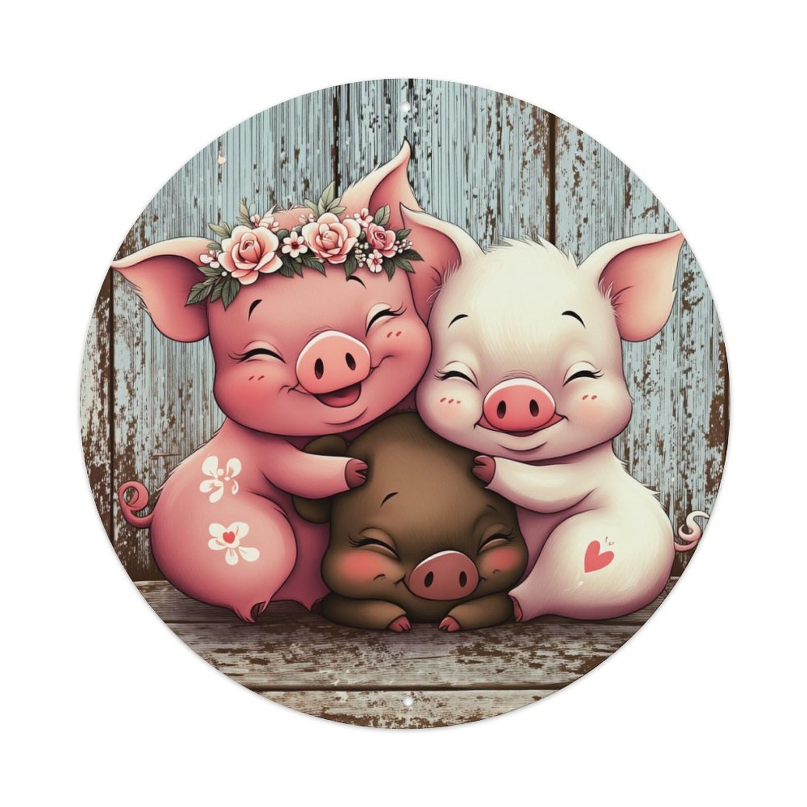 Cute Pig Family Hugging Together Round Tin Sign Vintage Metal Poster, Home Bar Garage Man Cave Cafe Indoor & Outdoor Wall Decoration 8x8Inches