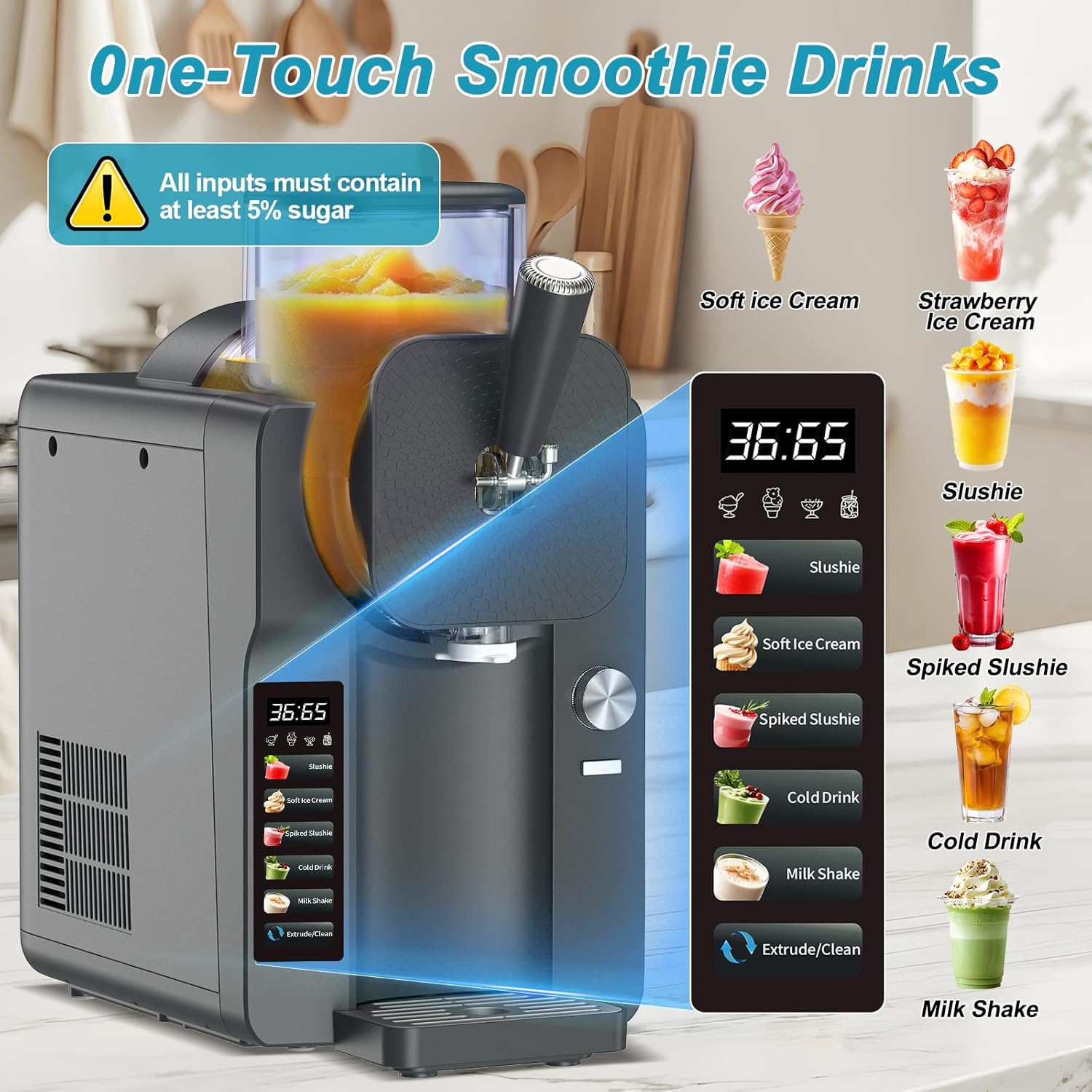 Ice Cream Maker, Slushie Machine for Home, Slushy Machine 70 oz Margarita Machine with 6 Preset Programs for Ice Cream, Milkshake, Cocktail, Frappés, 9-level Adjustable Thickness, Gray