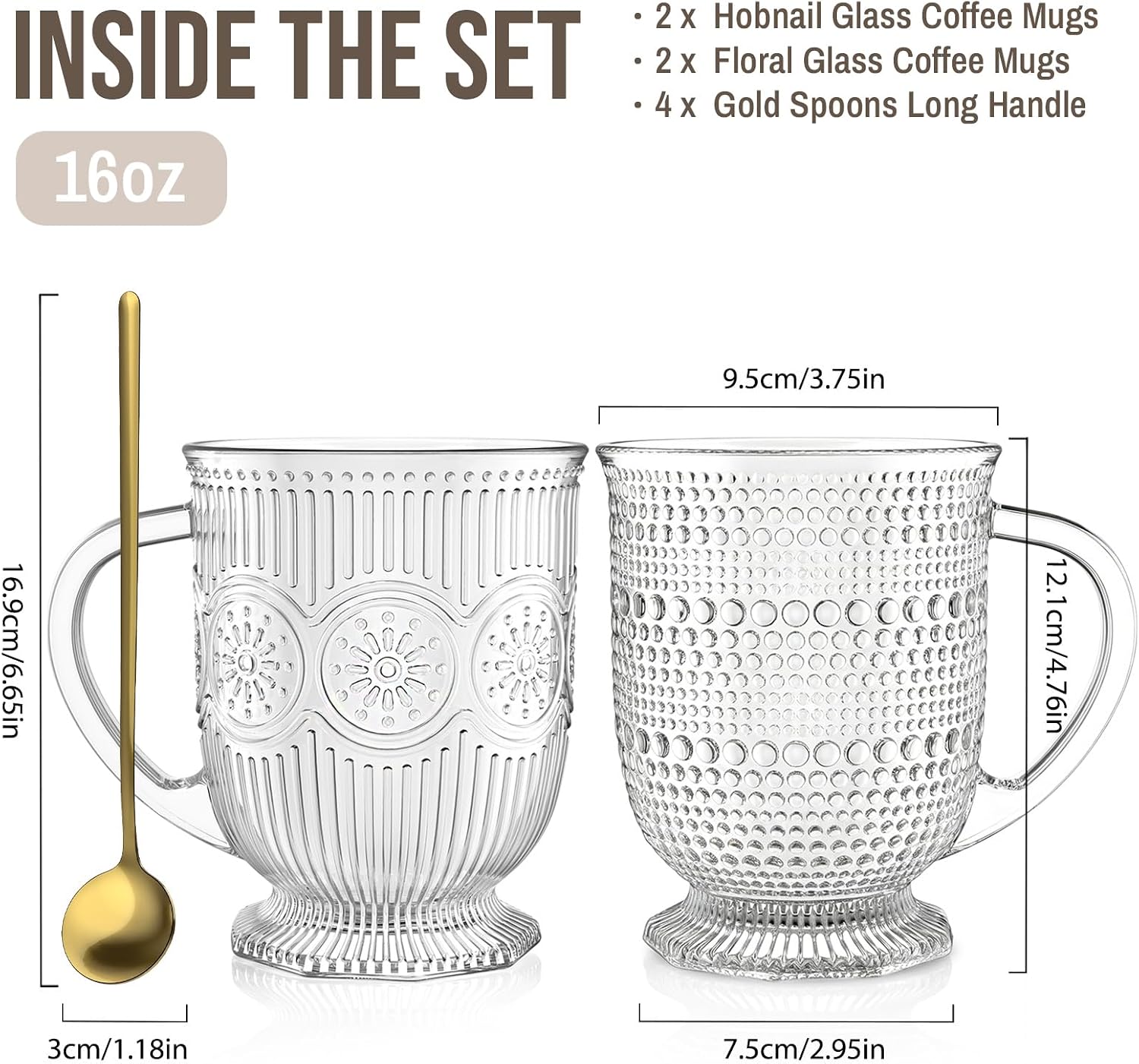SoulTimes 16oz Glass Coffee Mugs with Handle and Spoon Set of 4 Vintage Mug