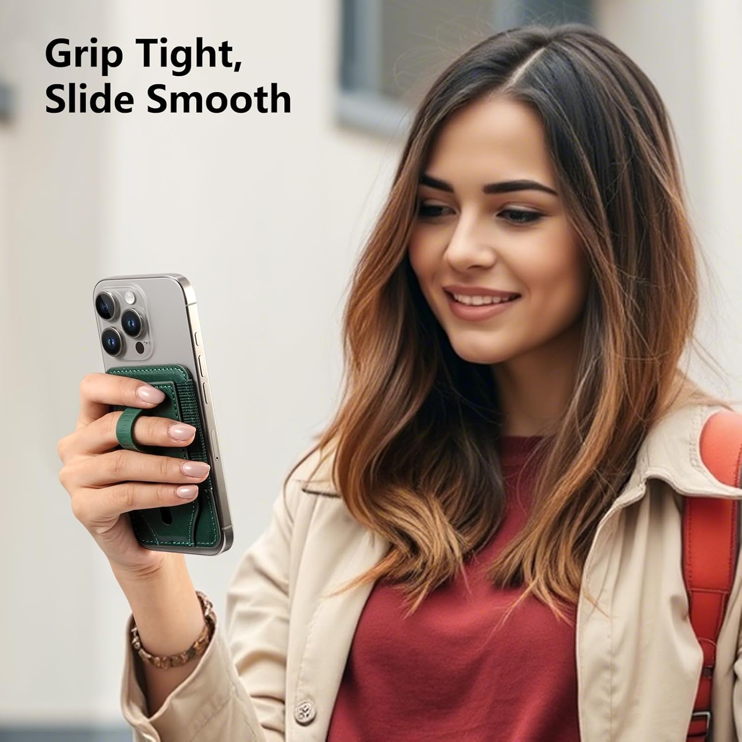 MICODEN Compatible with Magsafe Wallet, Secure Magnetic Wallet for iPhone 16/15/14/13/12 Series, Lightweight Minimalist Leather 3 Card Holder with Grip for Women Men Easy Carry Finger Loop Slim, Green - Image 4