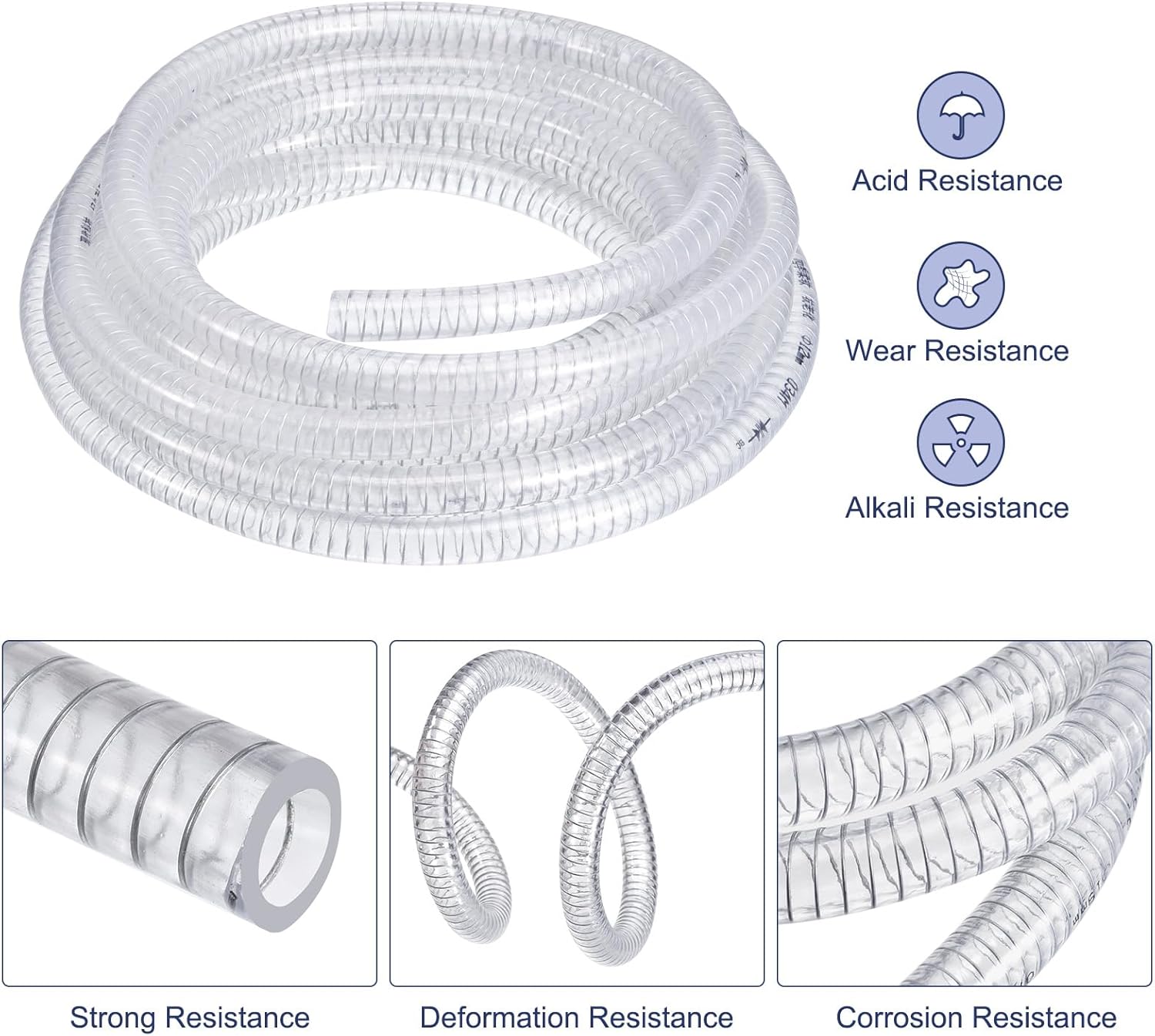 uxcell 1/2" ID x 25 Ft PVC Tube Steel Wire Reinforced Tubing Flexible Vinyl Hose Pipe Clear Suction Chemical Resistant Thick Tubing