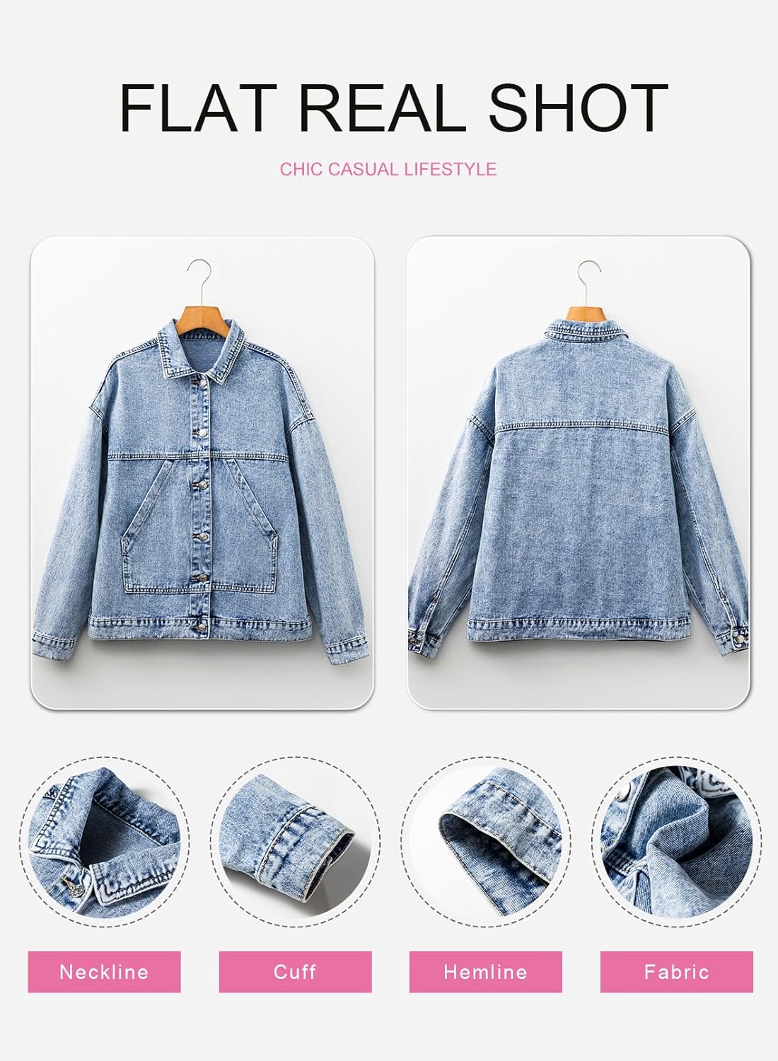 SHEWIN Womens Denim Jacket Casual Long Sleeve Drop Shoulder Button Front Jean Jacket Coat With Pockets - Image 6