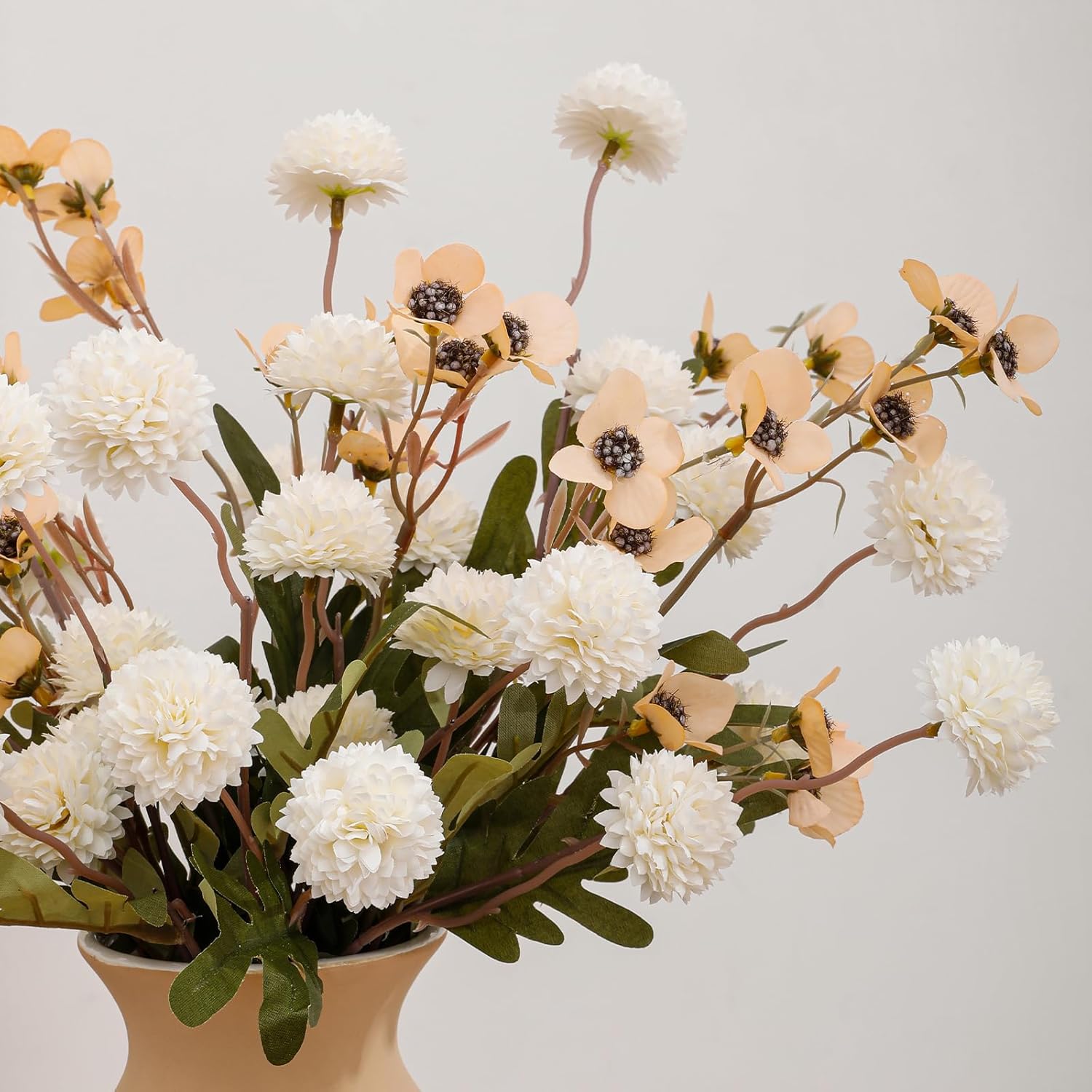 Faux Flowers for Vase,8 pcs Artificial Pom Pom Chrysanthemum Flowers with Wild Flowers,Spring Floral Stems Arrangements for Home Decor, Centerpieces for Tables, Rustic Decorations
