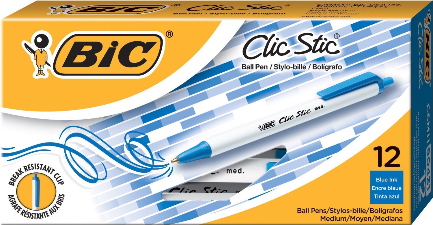 BicClic Stic Ballpoint Retractable Pen1.9mm, Blue Ink, Medium, Pack of 12 Pcs.