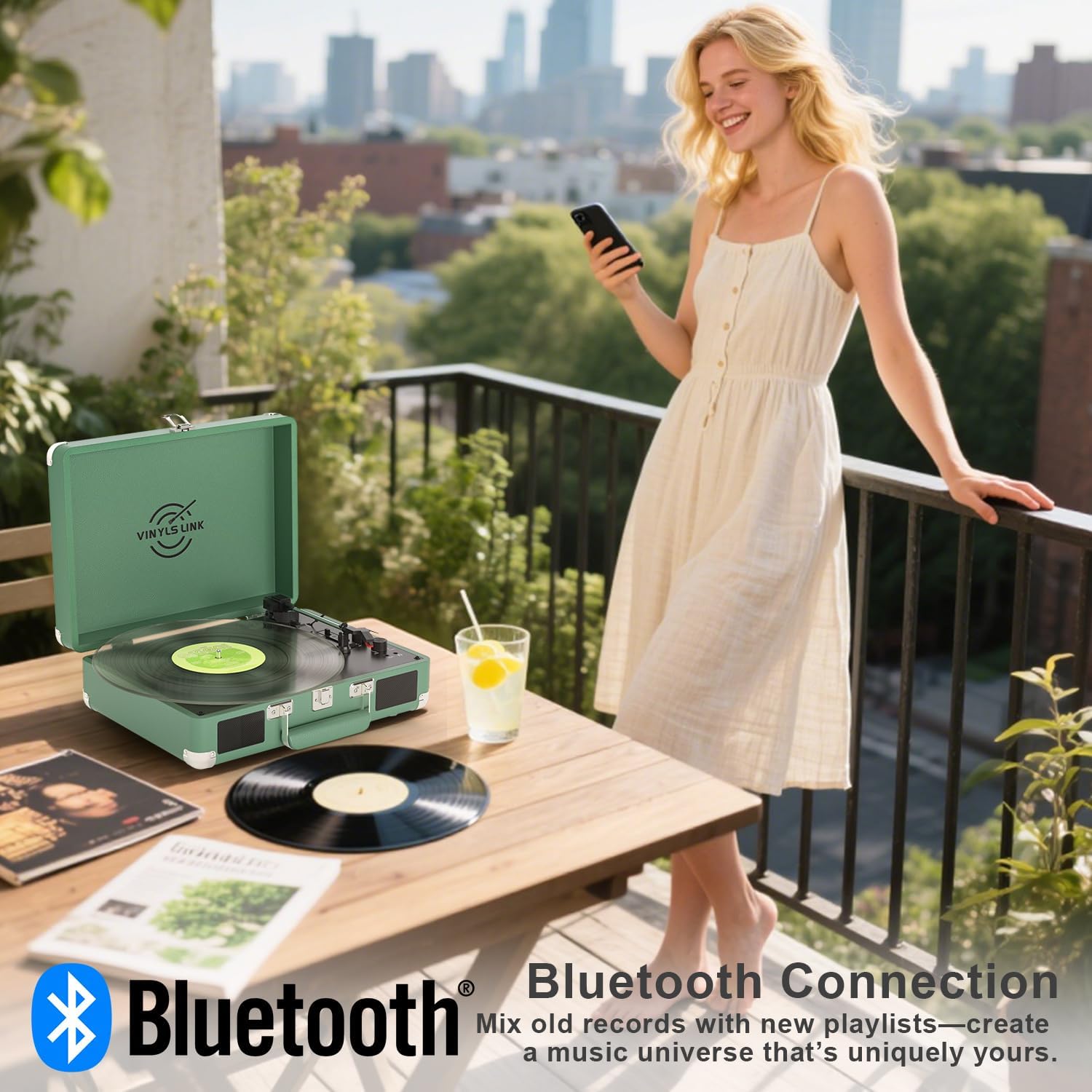 vinyl record player with built-in speakers treble & bass gain vintage bluetooth turntable 3-speed portable suitcase lp player aux-in rca headphone out, forest green