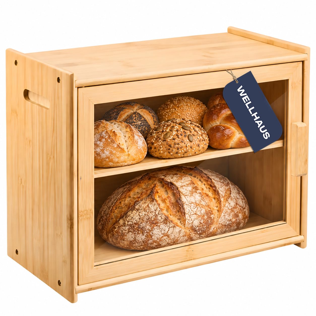 Brotkasten - Brotbox aus Bambus mit 2 Etagen, große Brotaufbewahrung mit Sichtfenster, Brotbehälter 40 x 20 x 31 cm, Aufbewahrungsbox für Brot Brötchen und Gebäck, Natur