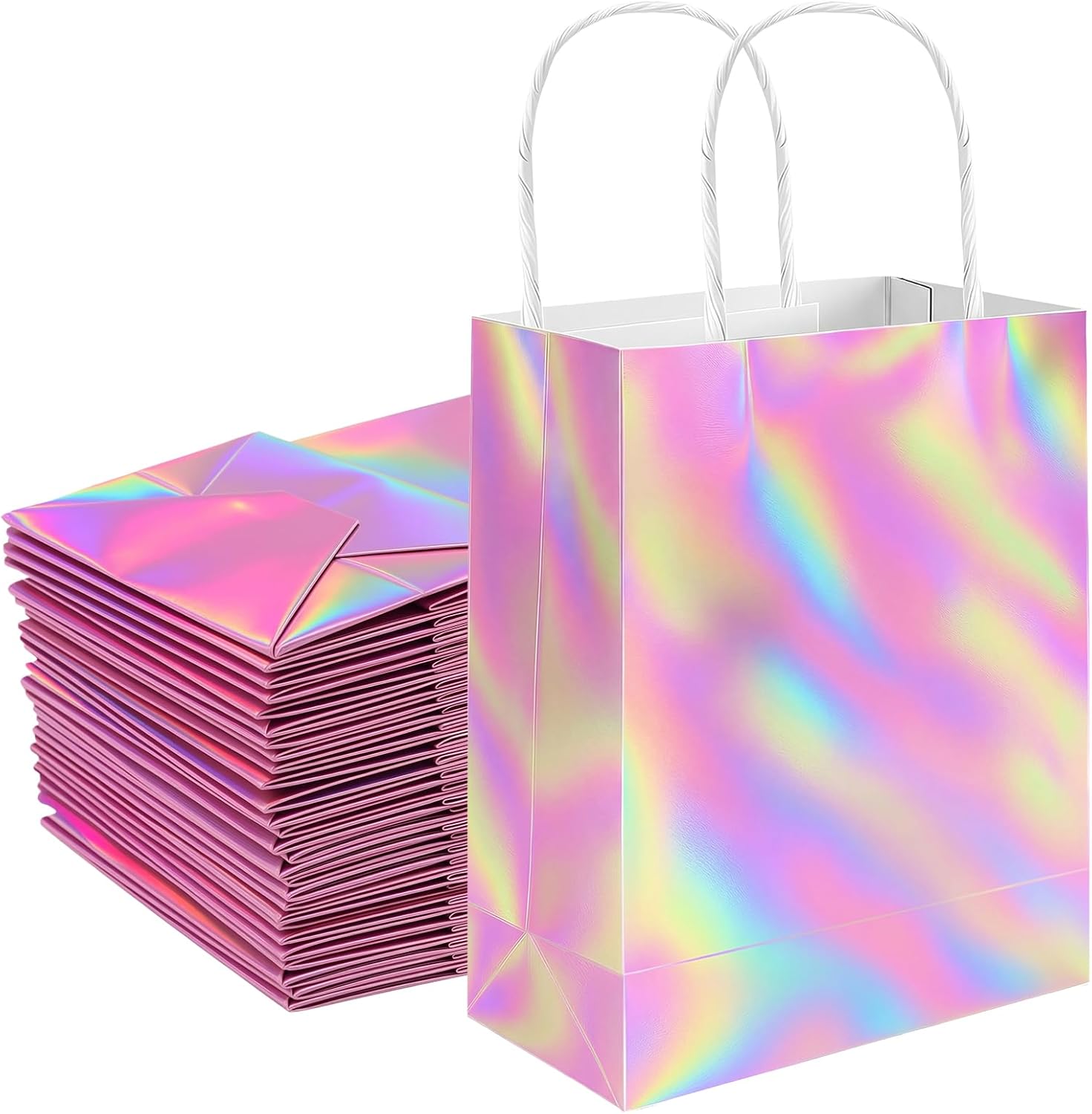 Shintop 30Pcs Pink Iridescent Gift Bags with Handles, Small Holographic Paper Party Favor Bags Reusable Goodie Tote for Valentine’s Day, Wedding, Bridal Shower (8.3 x 5.9 x 3.1 in)