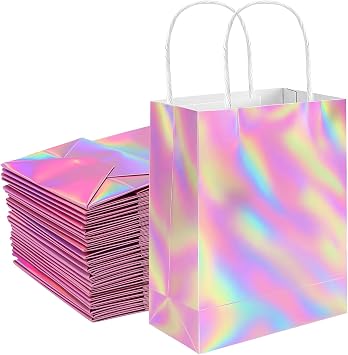 Shintop 30Pcs Pink Iridescent Gift Bags with Handles, Small Holographic Paper Party Favor Bags Reusable Goodie Tote for Valentines Day, Wedding, Bridal Shower 8.3 x 5.9 x 3.1 in