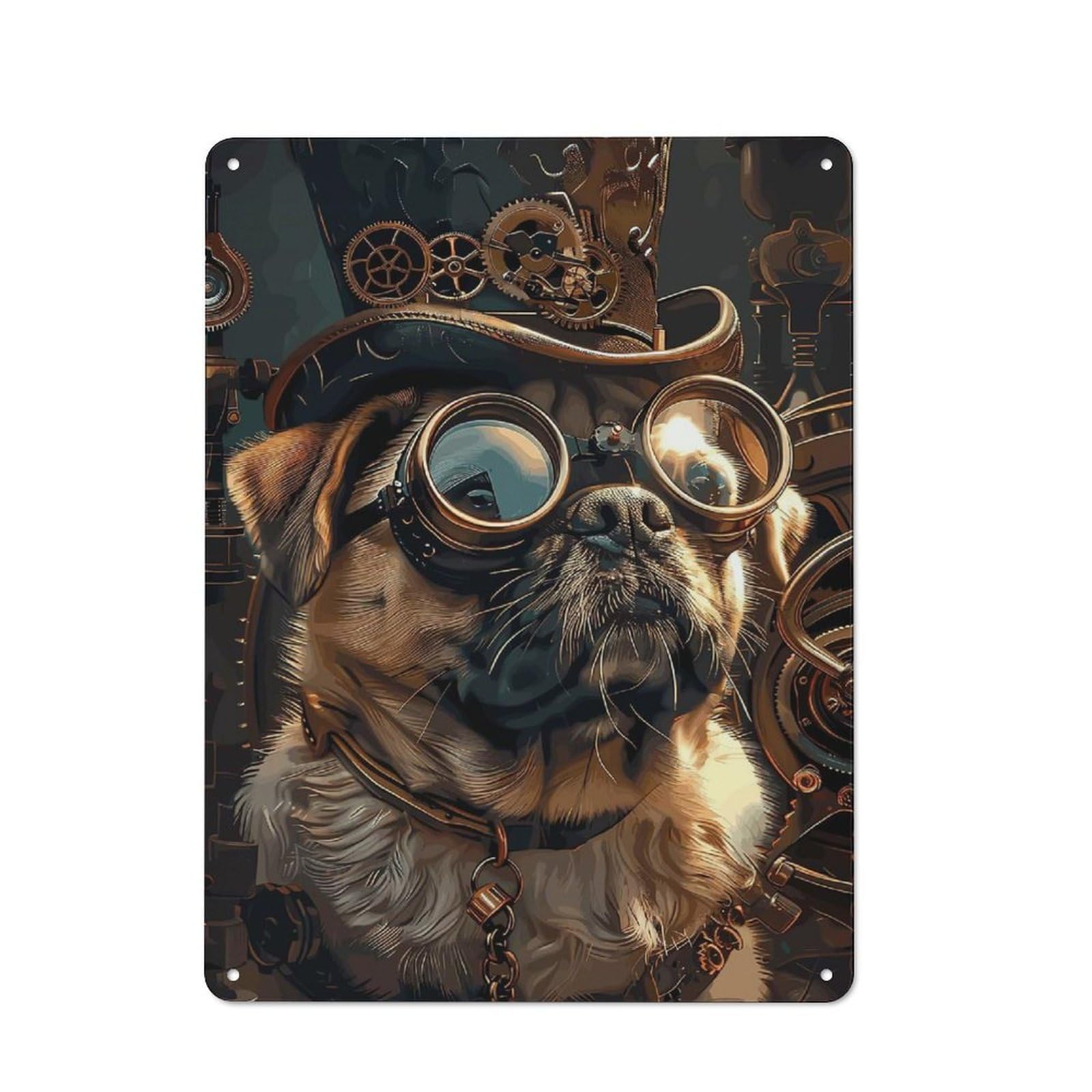 Junmoney Style-15 Steampunk Pug Dog Vintage Metal Wall Decor 40X30cm, Vintage Metal Sign For Hallway, Home Bar, Garage Or Study