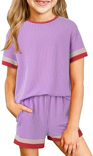 blibean Girls Summer Clothes Sets Kids Casual Outfits Size 6-15 Years | Kids Textured Short Sleeve Outfits, Cute Two Piece Clothing, Contrast Trim, Beach Matching Dress Shirt Shorts, Hawaiian