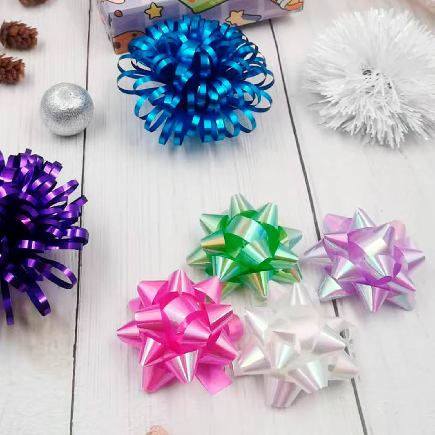 Colorful Gift Bows 24 Pack 2.5 Inches Star Bow for Gift Wrapping Self-Adhesive Ribbon Bow for Christmas, Party, Wedding, Holiday Décor, Present Box (White Pink Green Purple, 2.5 inches) - Image 2