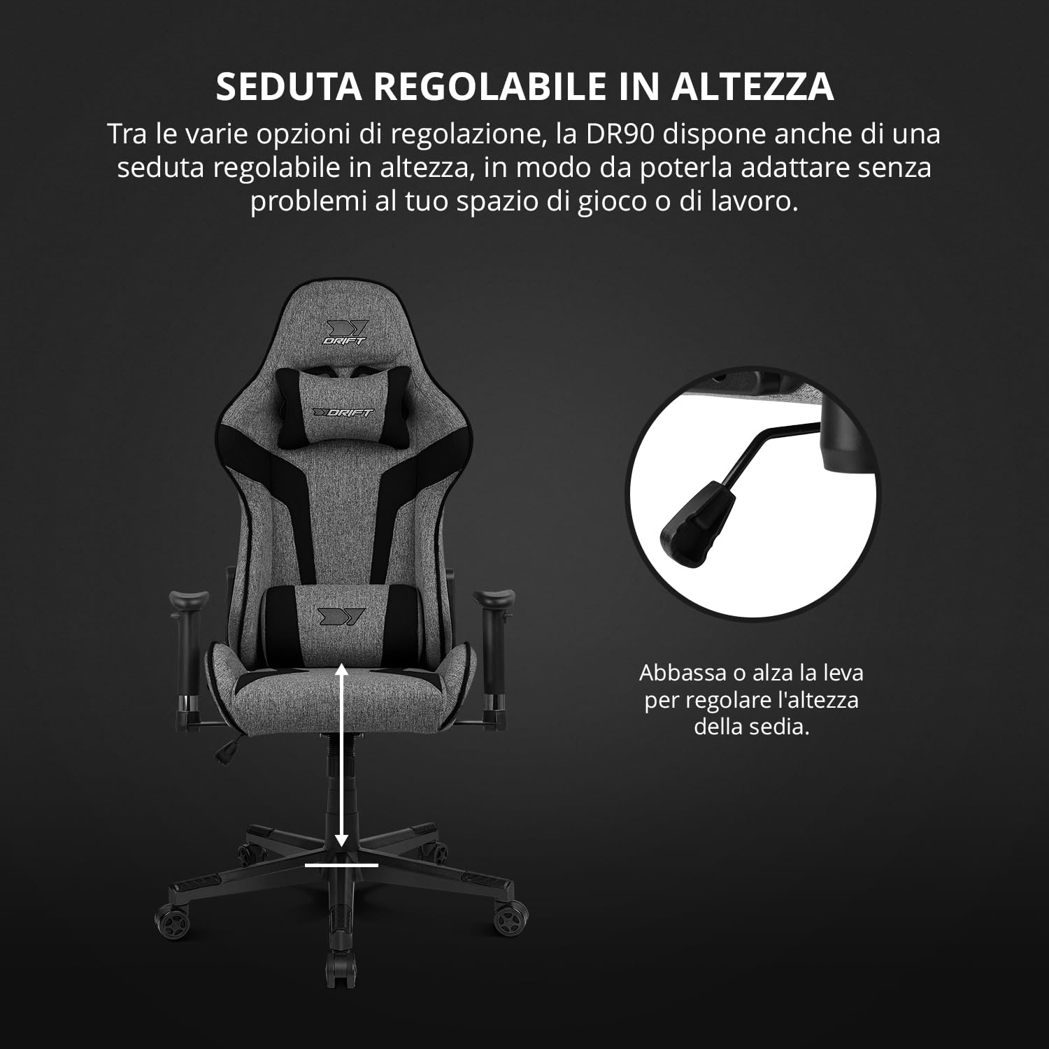 DRIFT GAMING DR90 – Sedia gaming ergonomica con poggiatesta e supporto lombare, schienale reclinabile a 135°, braccioli 2D regolabili, tessuto traspirante, base in nylon e pistone a gas, Grigio-Nero