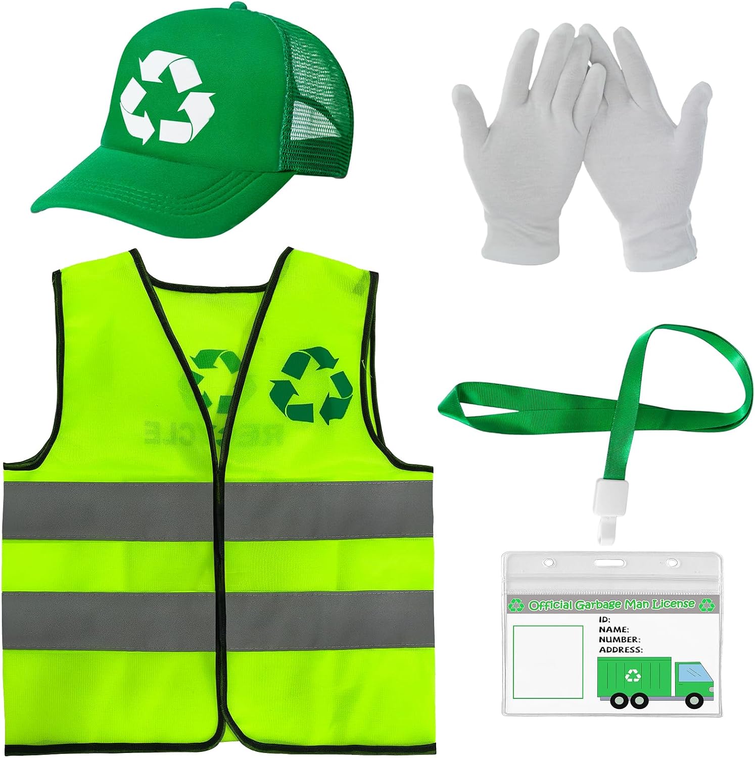 4pcs Garbage Man Costume Kit Waste Management Recycling Dress Up Recycle Trash Vest Hat Gloves Career Day ID Card Halloween Career Day