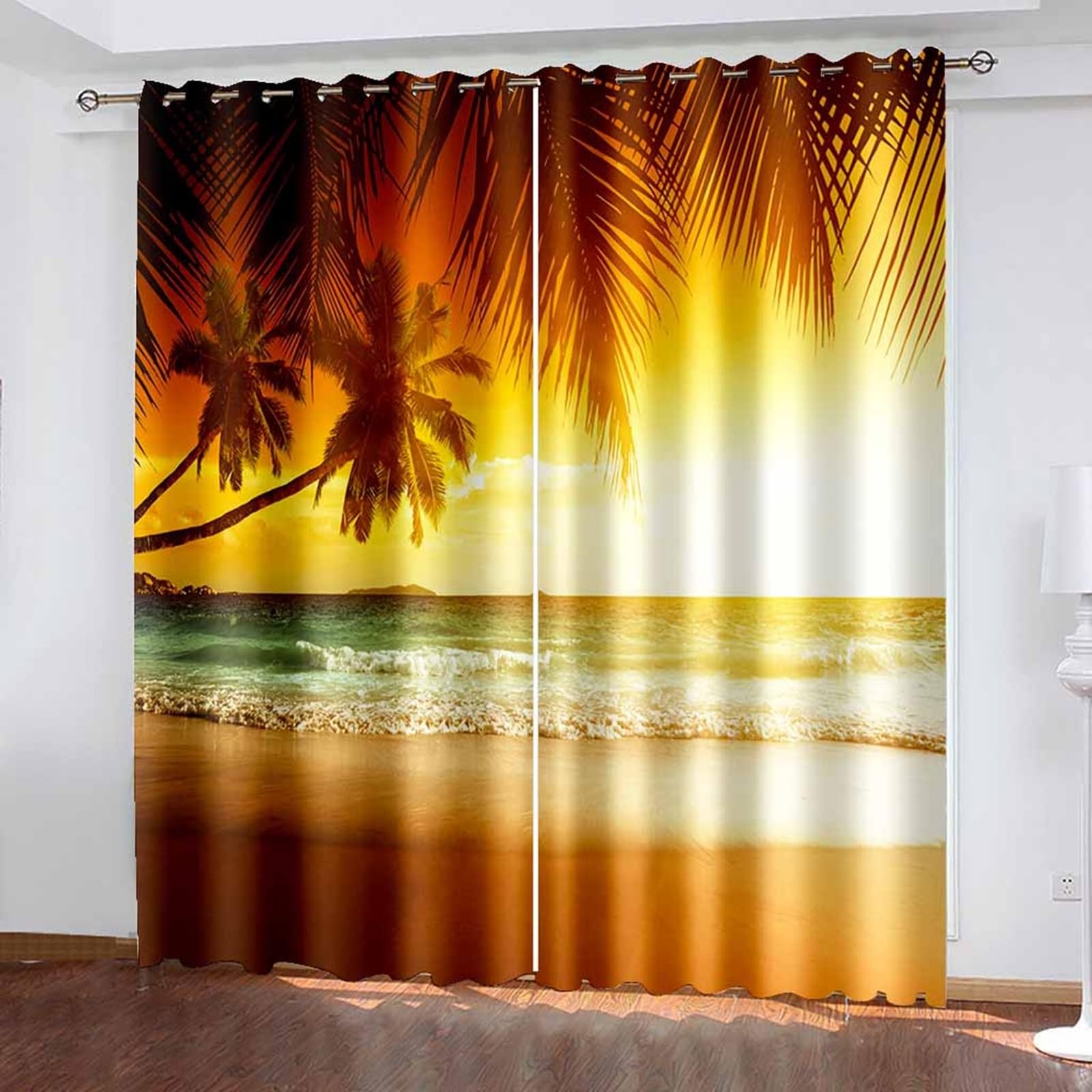 Schlafzimmer Vorhänge mit Schlaufen, 102x214cm Braun Orange Meer Strand Sonnenuntergang Landschaft Thermovorhang Kälteschutz Blickdicht, Schallschutz Vorhang Schlafzimmer