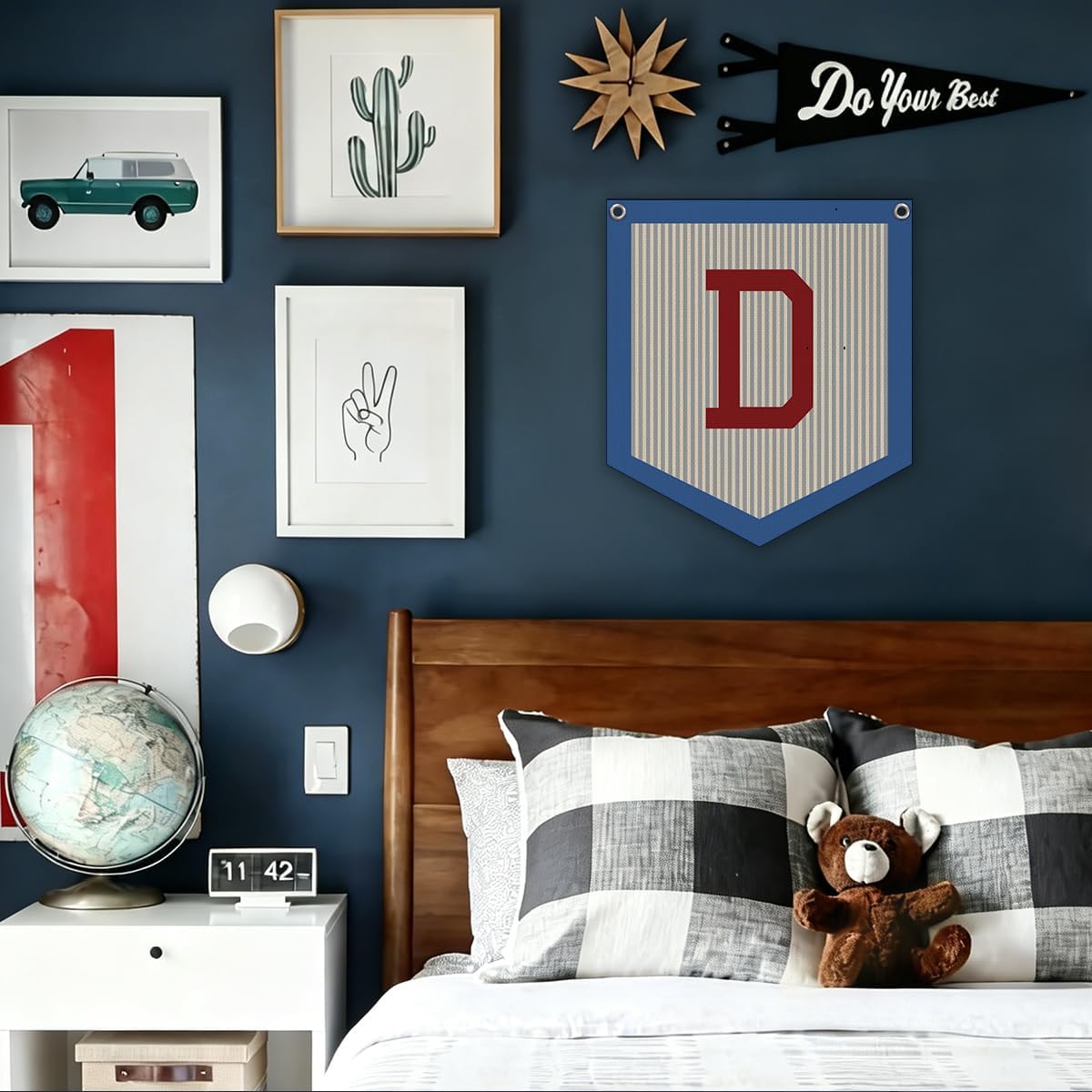 Toddler Boys Room Decor Name Pennant Flag, Personalized Baby Gifts，Vintage Baby Boy Nursery Wall Art,Baby Boy Gifts, Name Sign for Toddler Bedroom Playroom Kidsroom,Letter D 12x14 in image 5
