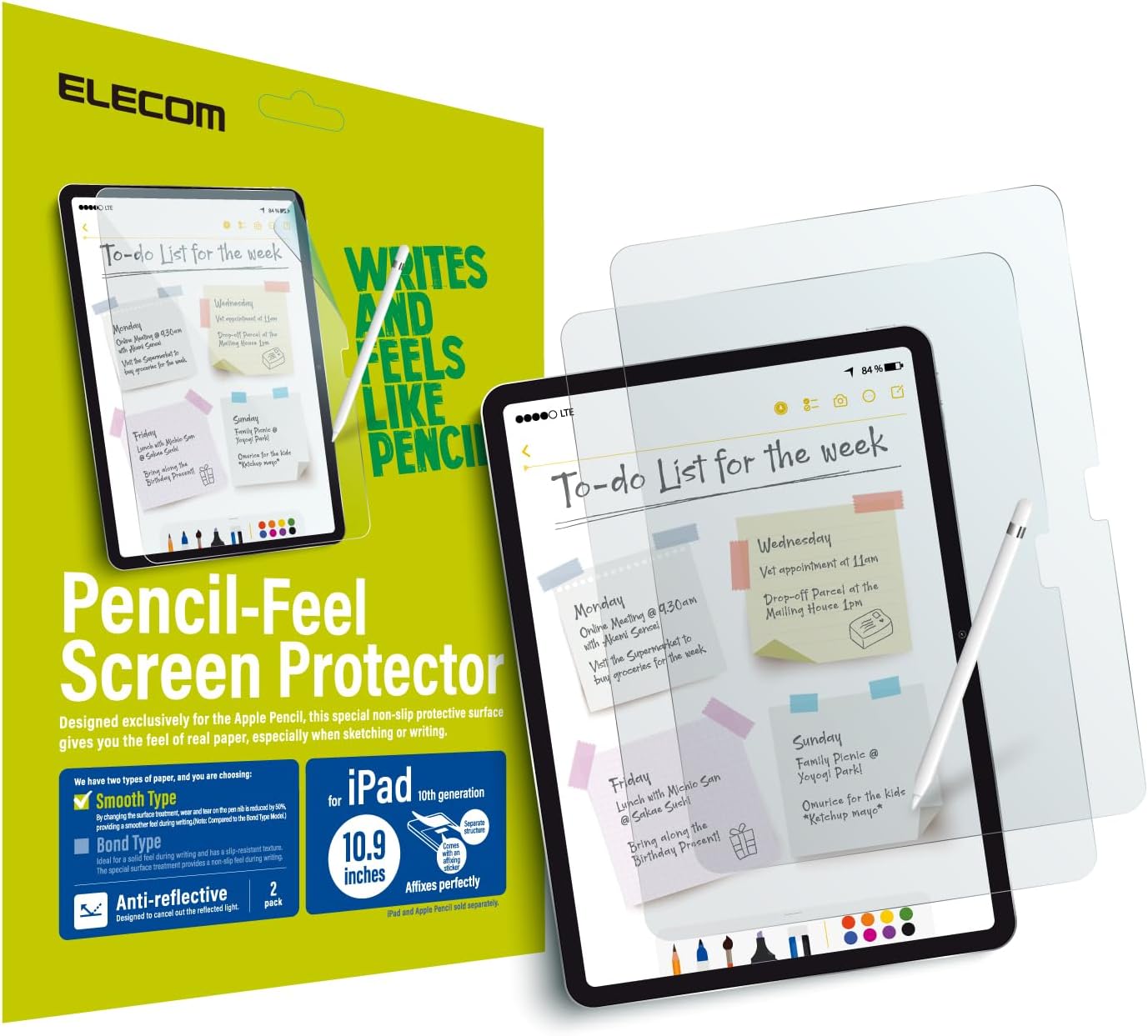 ELECOM 2-Pack Pencil-Feel Screen Protector Compatible with iPad 10th Generation, 10.9-inch 2022 Model, Anti-Glare Smooth Surface Tablet Film for Writing Drawing, Easy Install, Apple Pencil Compatible,