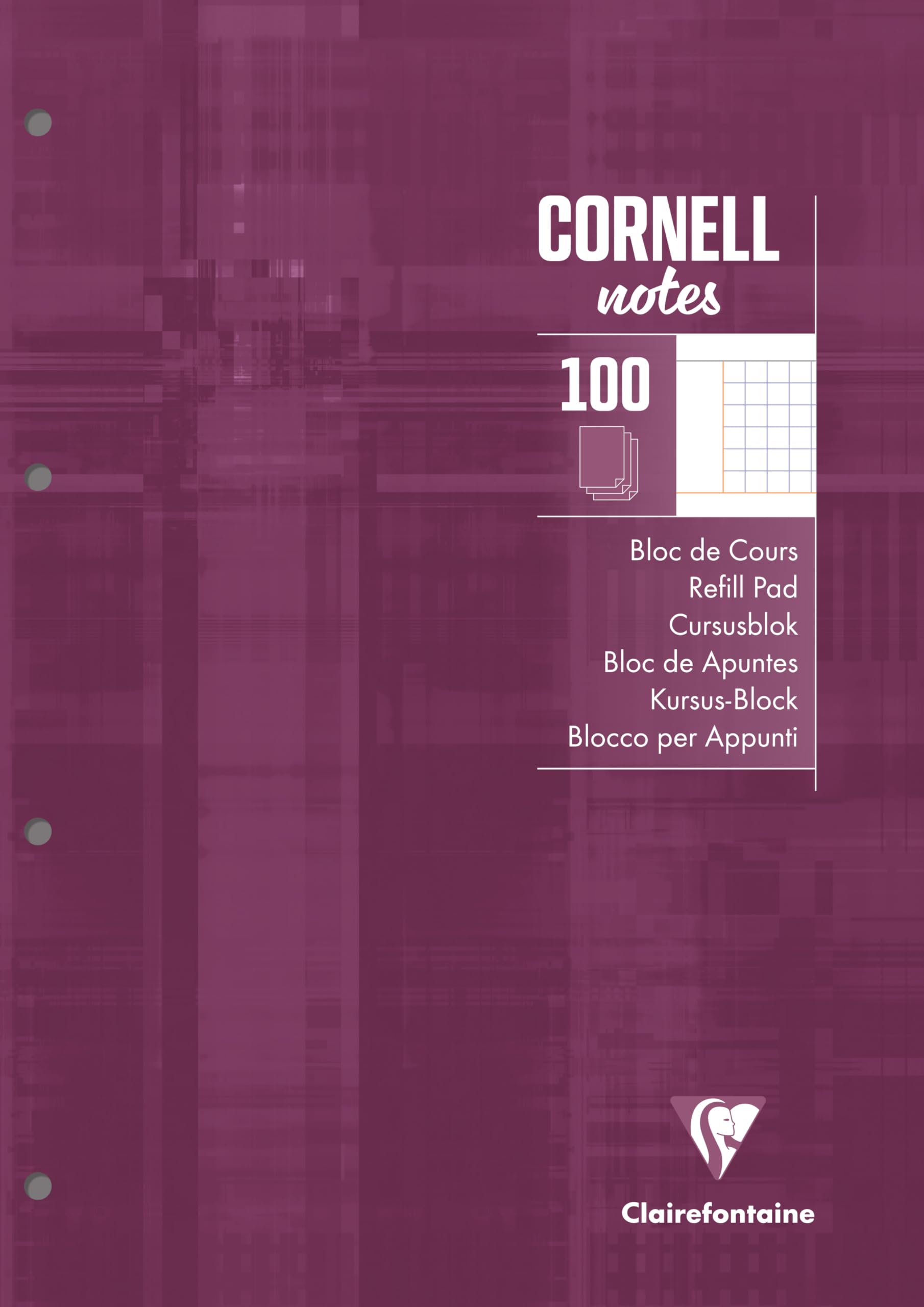 Clairefontaine 58196C Coursepads "CORNELL notes" Glued Perforated Plum - A4 21x29,7 cm - 200 Small Squares Pages - White Paper 90 g - Laminated Card Cover