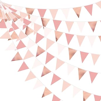 32 Foot Pink Rose Gold Bunting Banner Party Decoration Fabric Triangular Flag Bunting Garland Streamers for Birthday Wedding Baby Bridal Shower Anniversary Outdoor Garden Hanging Decoration