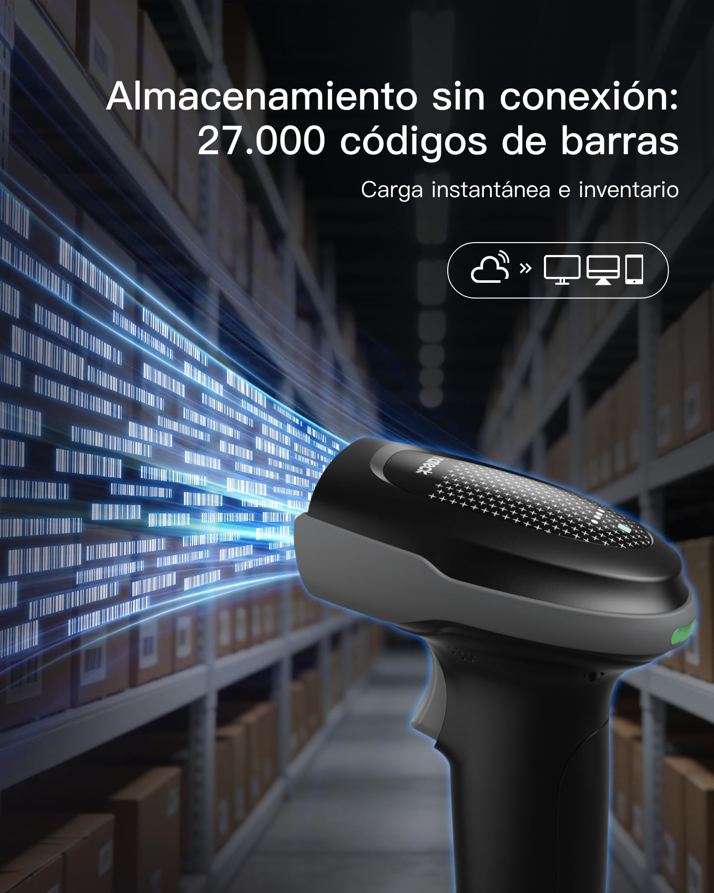 Inateck Lector de Códigos de Barras Inalámbrico 1D 2D QR PDF417, Alcachofa de Código de Barras con 2 Baterías Reemplazables de 2000 mAh, Compatible con Android e iOS, para Almacenamiento y Logística