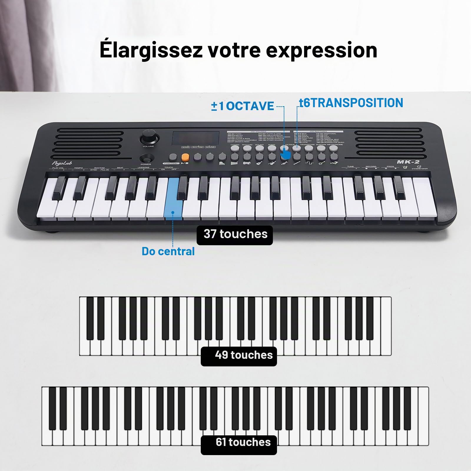 POGOLAB MK-2 Mini clavier 37 touches pour enfants avec 40 chansons/200 sons/200 rythmes, fonction MIDI, écran LED, double haut-parleur, claviers électroniques portables pour débutants/adultes, noir