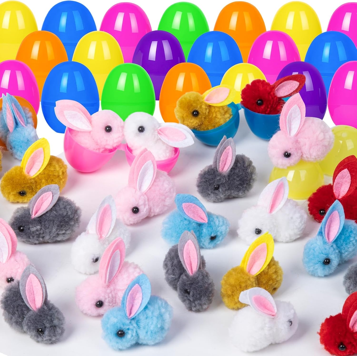 HIKISS 36 Pack Easter Eggs Filled Plush Bunny Toys, Mini Colorful Bunny Egg Fillers for Kids Toddler Boys Girls Easter Egg Hunt Classroom Prize Supplies Basket Stuffers Easter Party Favors