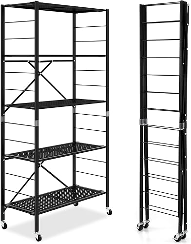 LOKO Estantes de almacenamiento plegables de 5 niveles con ruedas, estantería de metal ajustable de 60 pulgadas de alto, estante organizador