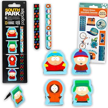 South Park Bookmark Set - Bundle with 6 Bookmark Page Clips Featuring Eric Cartman, Kenny, Kyle, More Plus Stickers | South Park School Supplies for Kids, Boys