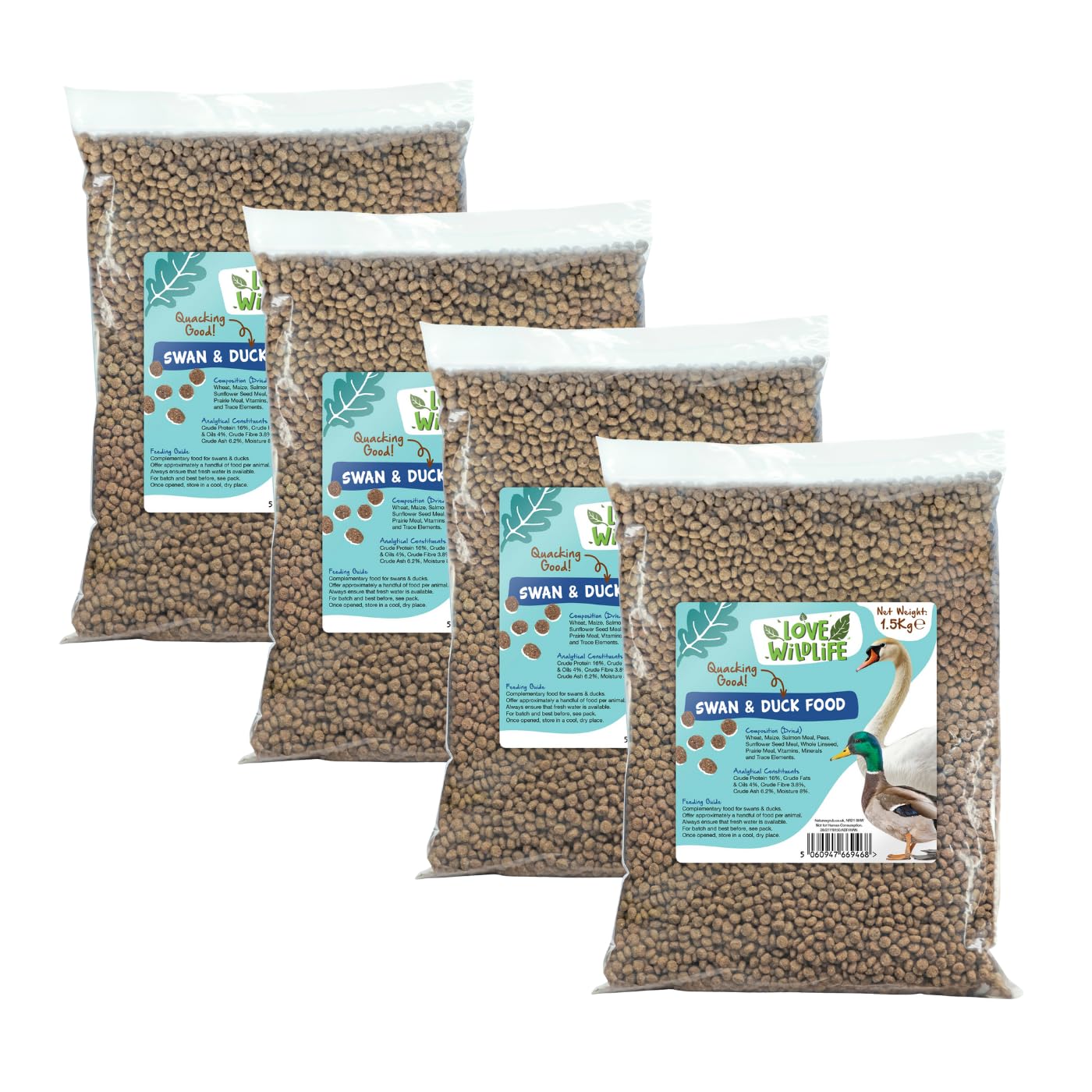 Love Wildlife Swan & Duck Food 4 x 1.5kg | Premium Complete Dry Food Pellets for Waterfowl, Natural Floating Mix, High in Protein, Vitamins & Minerals, Nutritious Alternative to Bread, Made in the UK