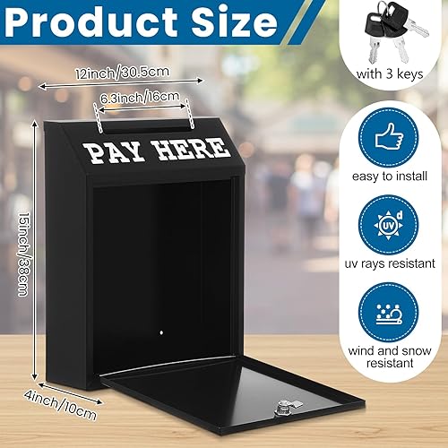 Miniatura 2 de Caja de dinero segura de 15 x 12 x 4 pulgadas, caja de donación de metal con cerradura para montaje en pared, boleta de entrega preperforada para