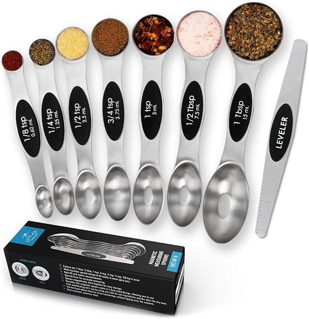 Zulay Kitchen Stainless Steel Magnetic Measuring Spoons - 8 Piece Set With Leveler - Easy To Attach And Detach - Double-Sided Design Fits Spice Jars - Perfect For Measuring Liquids And Dry Ingredients