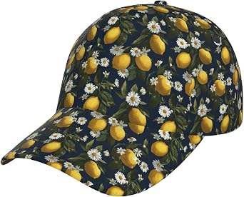 Tropical Lemon Daisy Navy Print Baseball Caps Women Men, Funny Golf Trucker Dad Hats Cool Adjustable Cap for Outdoor