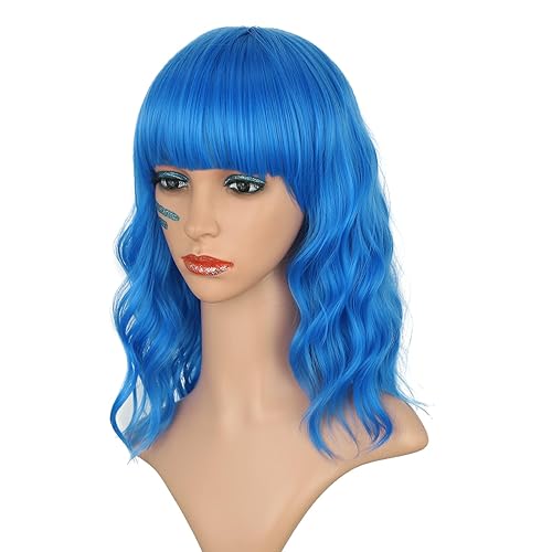 Miniatura 7 de AISI BEAUTY Peluca azul oscuro con flequillo, peluca corta ondulada estilo Bob, longitud hasta el hombro, pelucas azules para mujeres, 14 pulgadas