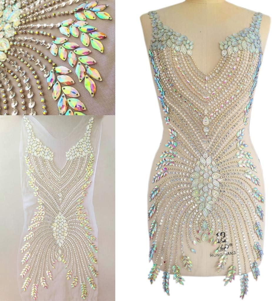 Hand Beaded Embroidered Long Large Heavy Crystal Sequin Rhinestone Applique Trim Great for Noble Neckline Dress Bodice (Silver, Front Part（38x84cm)