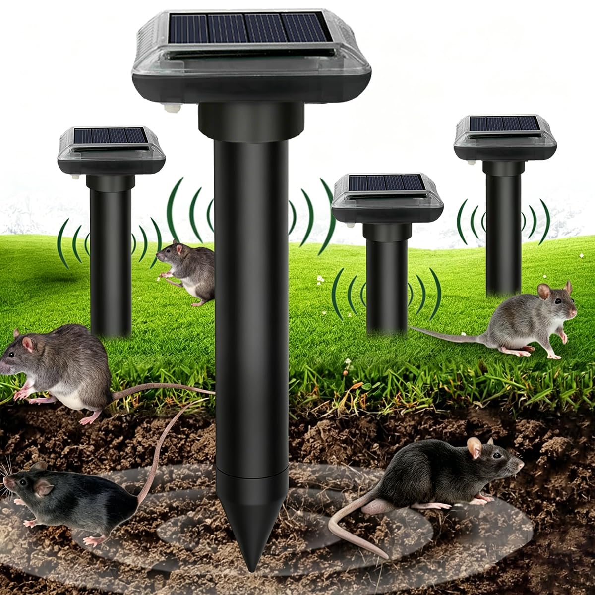 Repelente ultrasónico para Topos, Repelente Solar para Topos 4 Piezas, Impermeable IP66, Cobertura hasta 5000 Sq.FT para Jardín, Granja y Ranchos（Negro）
