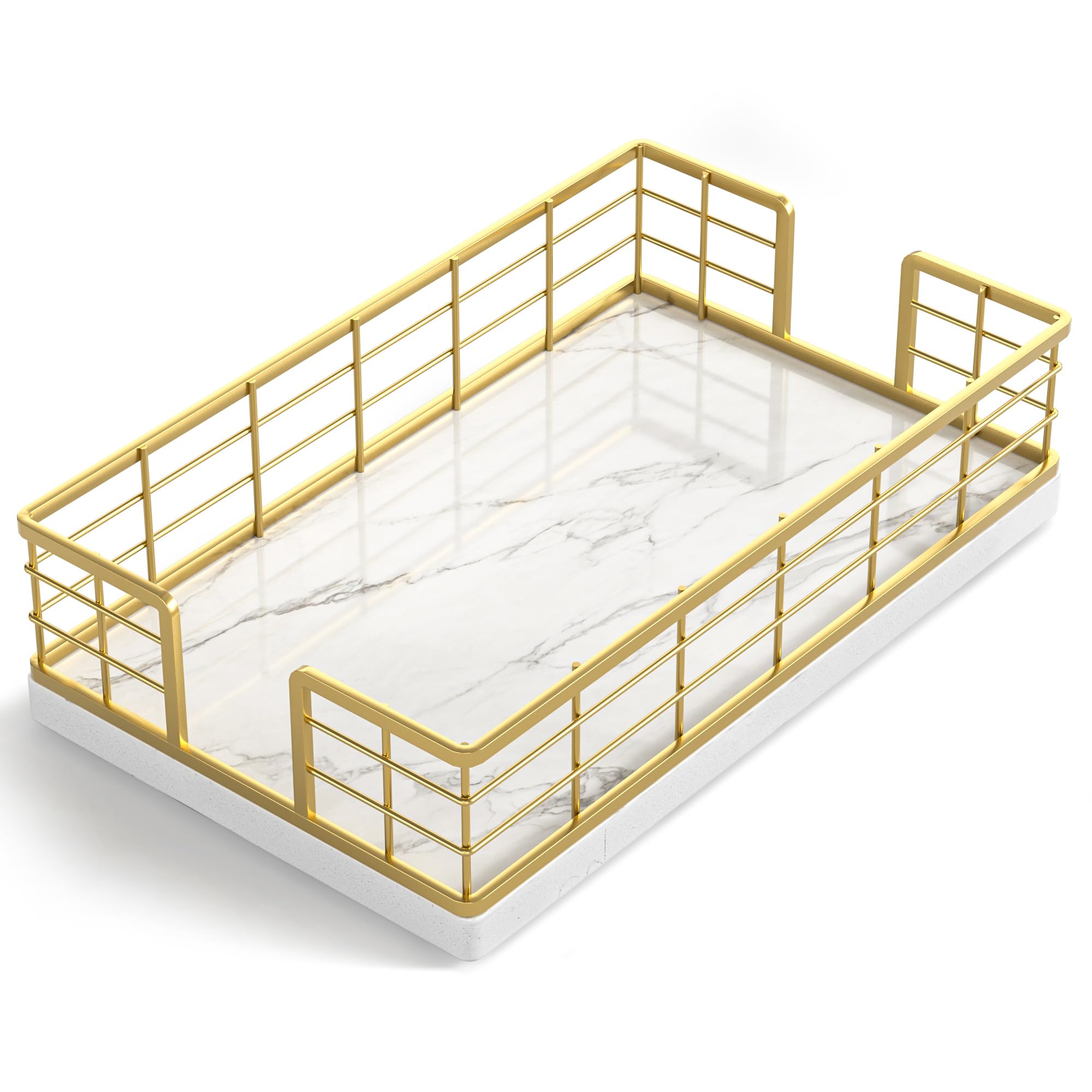 Wican Marble Guest Towel Holder Tray for Bathroom, Napkins Holder for Powder Room Dinning Table Wooden Basket for Disposable Paper Hand Towels Gold