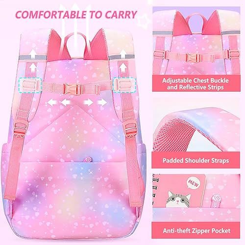 Miniatura 4 de Juego de 5 mochilas kawaii para niñas, bolsa para portátil de arcoíris de 17 pulgadas, mochila de doble hombro de gran capacidad, Púrpura, Tamaño