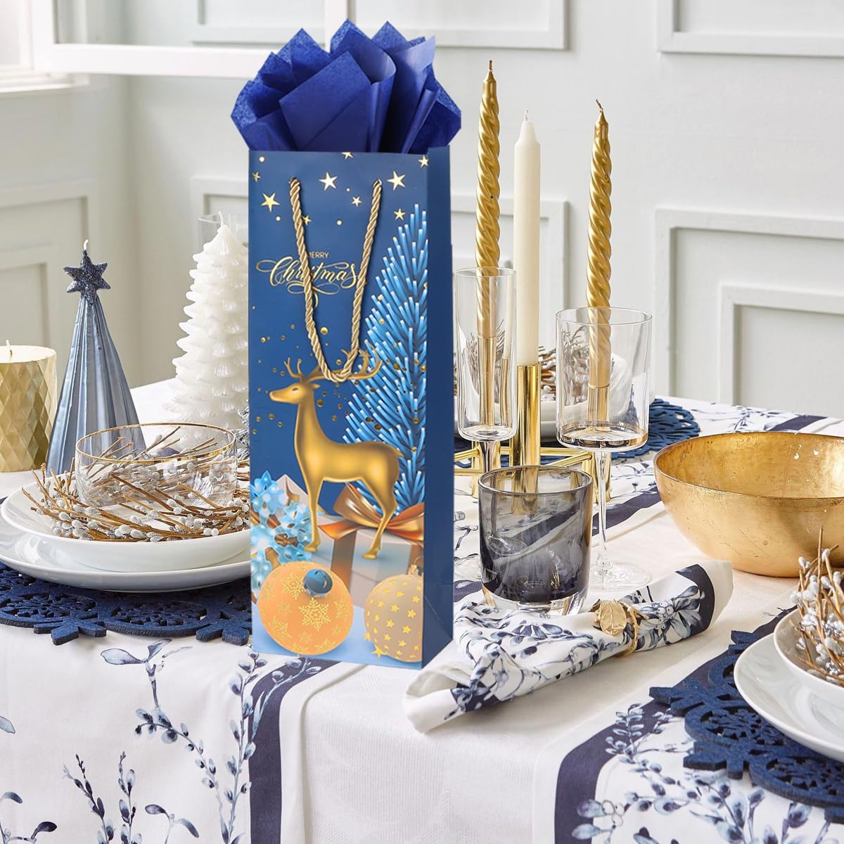 ZJHiome 12 Pack Christmas Wine Gift Bag Wine Bottle Bag with Tissue Paper for Xmas Winter Holiday Party Supplies (Navy Blue) - Image 6