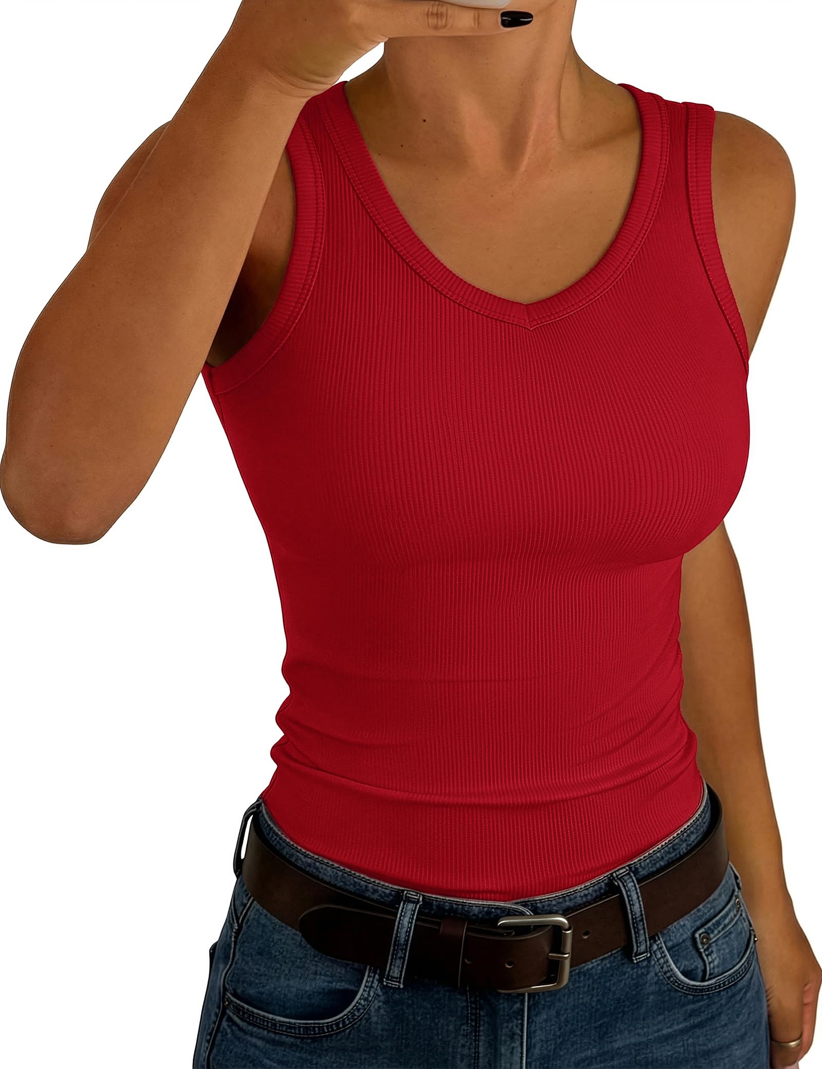 Aottori Tank Top Damen V-Ausschnitt Sommer Oberteile Ärmellos Gerippt Slim Fit Tanktops Sexy Stretch Basic Unterhemd Casual Einfarbig