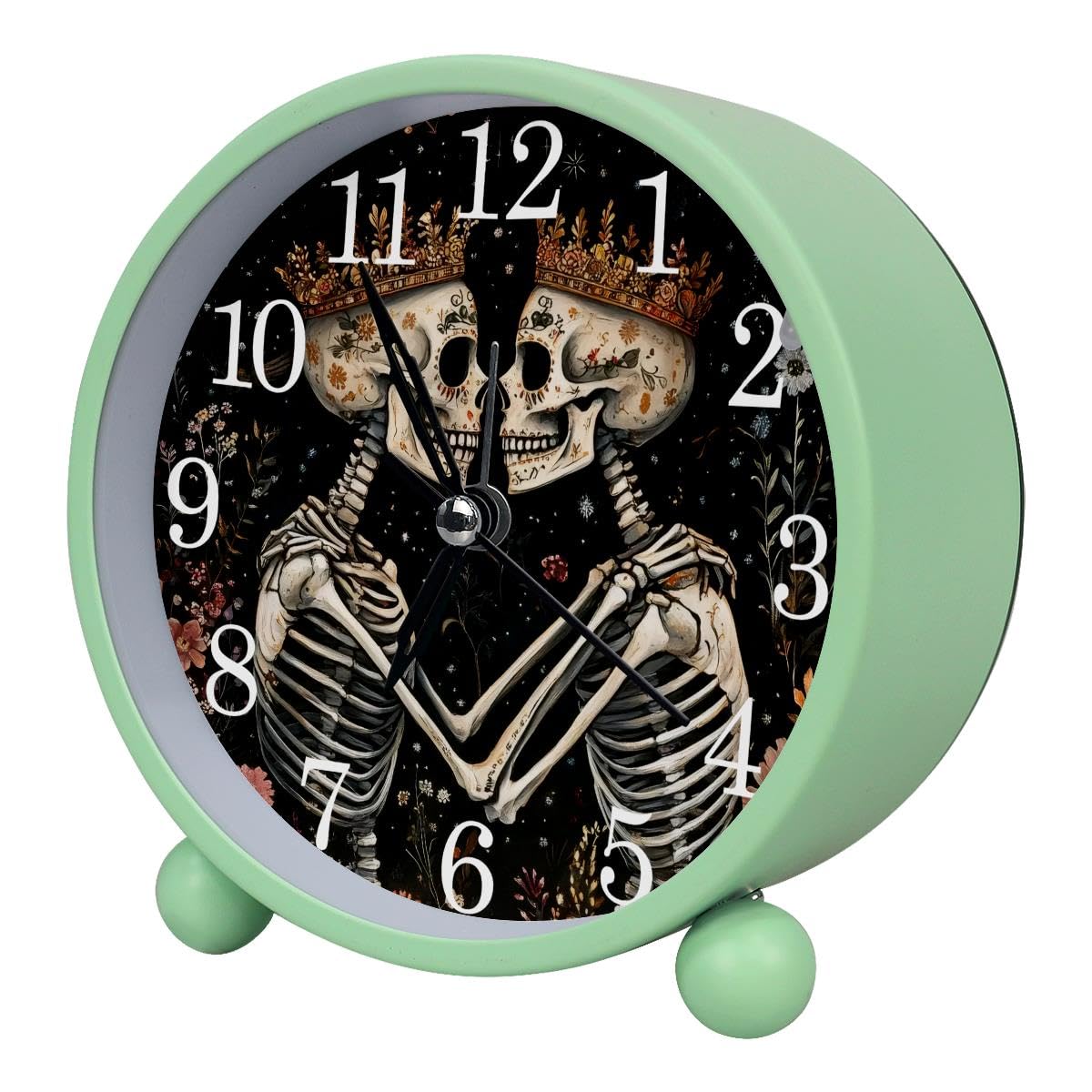 Luoweisi Alarm Clock Skeleton Lover, Silent Non-Ticking with Night Light, Round Metal Alarm Clock for Office, Battery Operated, Bedroom, Elderly, Adults, Children, Student Gifts