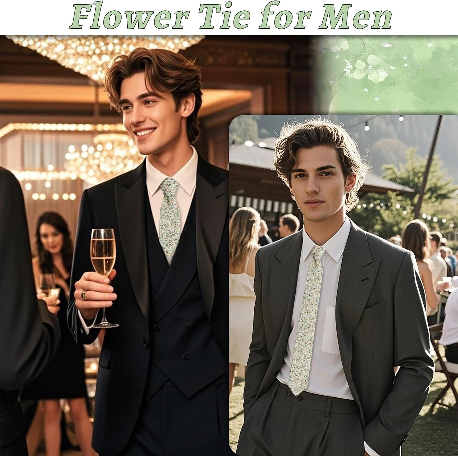 Floral Ties for Men, Cotton Skinny Mens Tie Flower Printed Men's Neckties for Wedding Groomsmen Dating Party