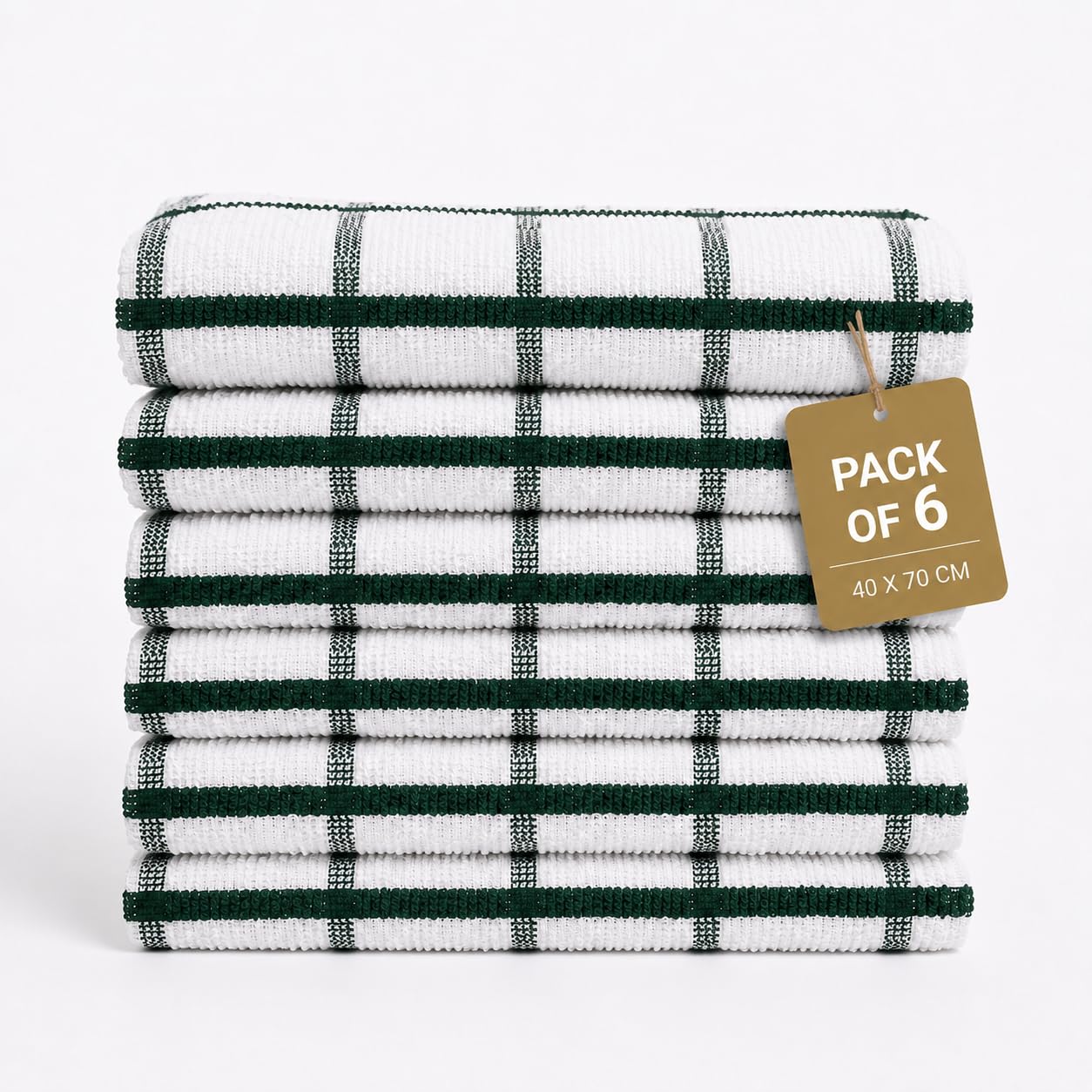 Gift Hub Kitchen Tea Towels Set, 100% Cotton Terry Cleaning Cloths | Highly Absorbent Big Check Towels for Drying Dishes & Glassware, Home Essentials | 40 x 70 cm, Green - Pack of 6