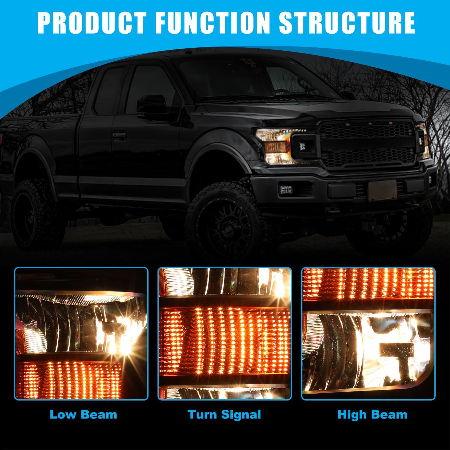CPW Headlights for 2018-2020 Ford F-150 Headlamp Halogen Dual Beam Turn Signal Amber Reflector Projector LED Position Headlamp Assemblies Driver and Passenger Side - Chrome/Clear