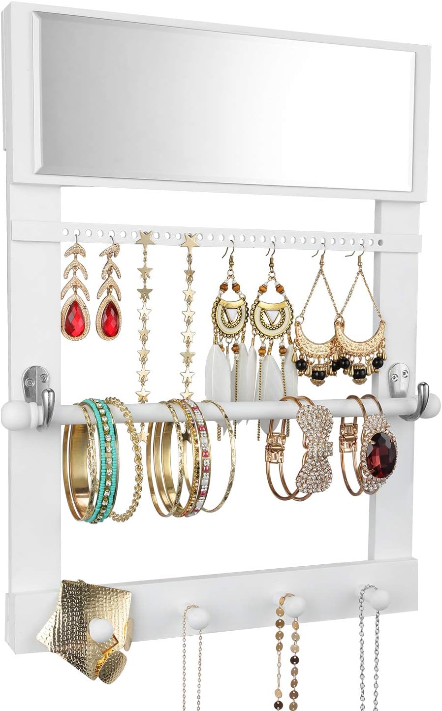 Vencipo Wooden Wall Mounted Jewelry Organizer Shelf with Mirror, White Jewelry Shelves with Removable Rod for Bracelets Storage, Jewelry Stand with Hooks Holder for Hanging Earrings, Necklace Racks.