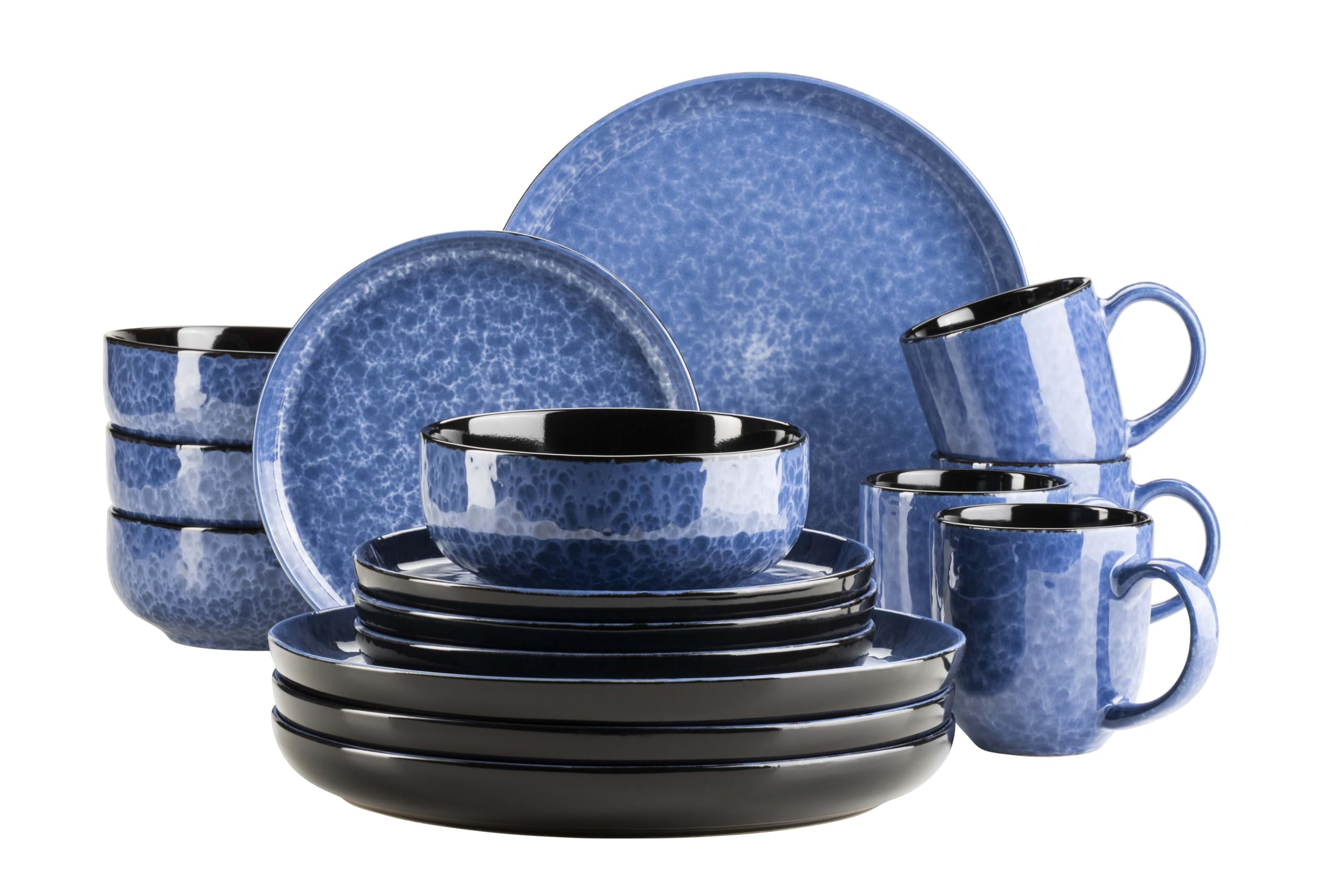 MÄSER 934109 Serie Filippa, vajilla de cerámica para 4 personas, moderno juego de vajilla combinada de 16 piezas; platos, cuencos y vasos con esmalte reactivo en azul y negro, gres, azul.