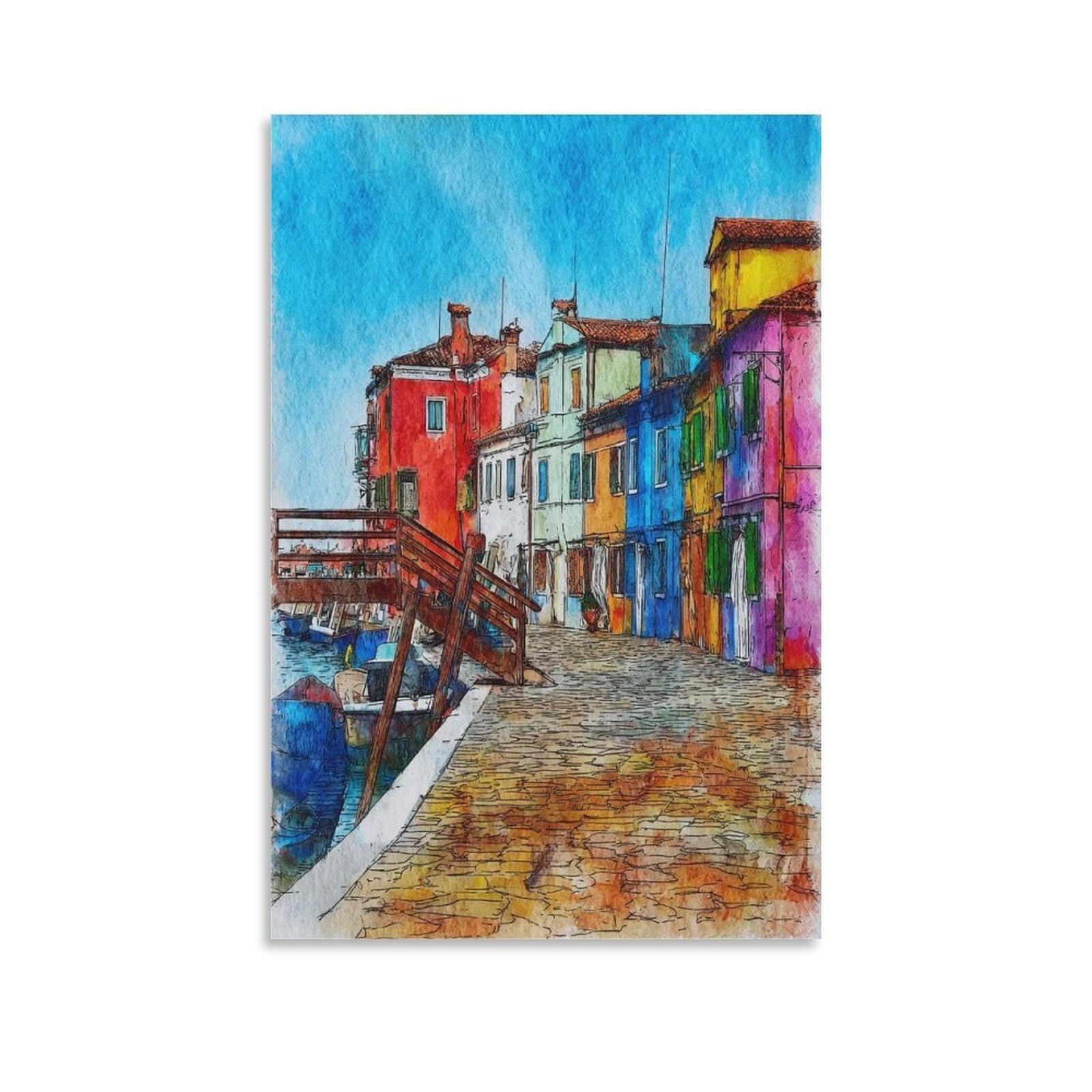 Cnaheiz Unframe-Style Burano Italy 08X12inch(20X30cm) Vintage Travel Poster Watercolor Canvas Art