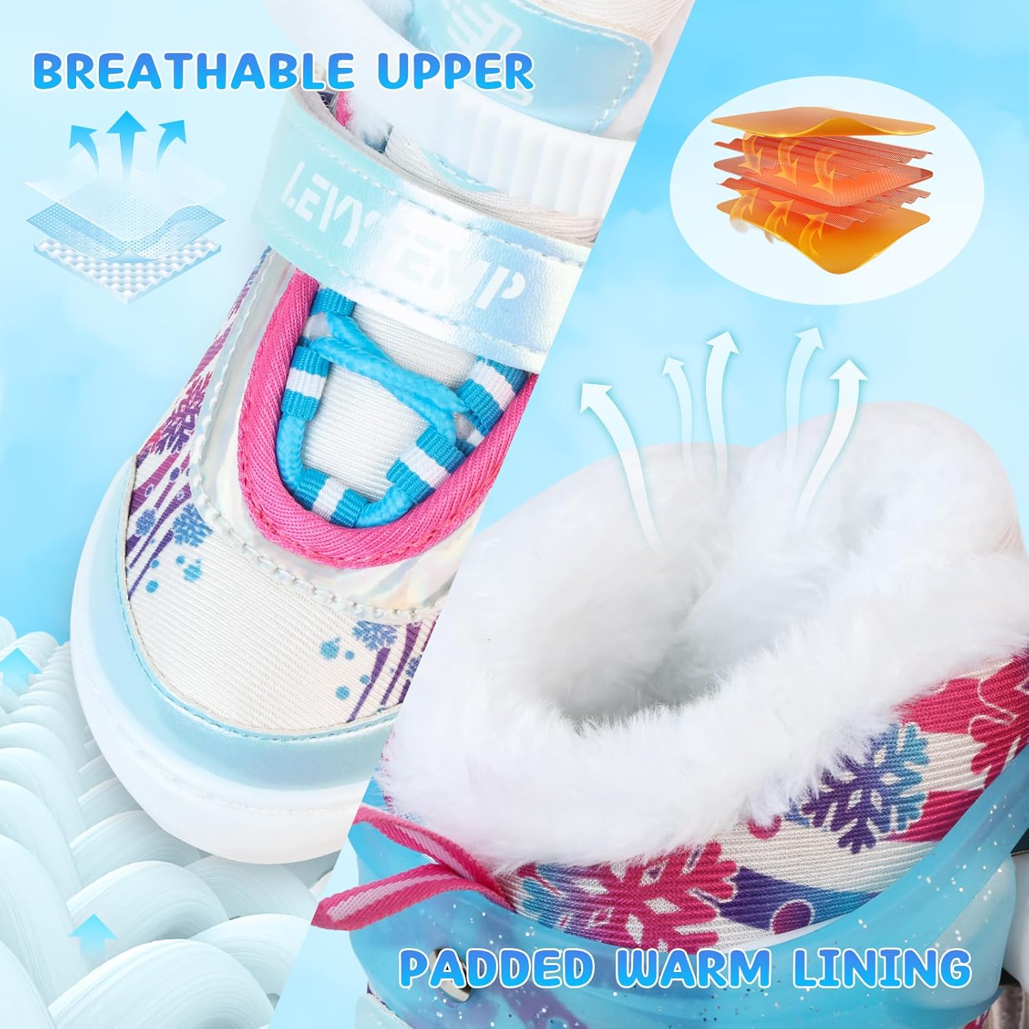 Adjustable Ice Skates for Kids Boys Girls - Warm Fleece Lined, 4 Size Adjustable Beginner Snowflake Blades Ankle Support Figure Skates for Outdoor and Rink