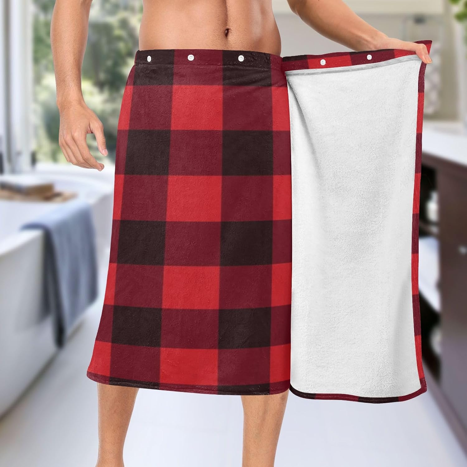 Buffalo Plaid Red and Black Bath Towel for Men Absorbent Towel Wrap Bath Shower SPA Wrap with Snap Button Closure Body Towel Skirt Male Dad
